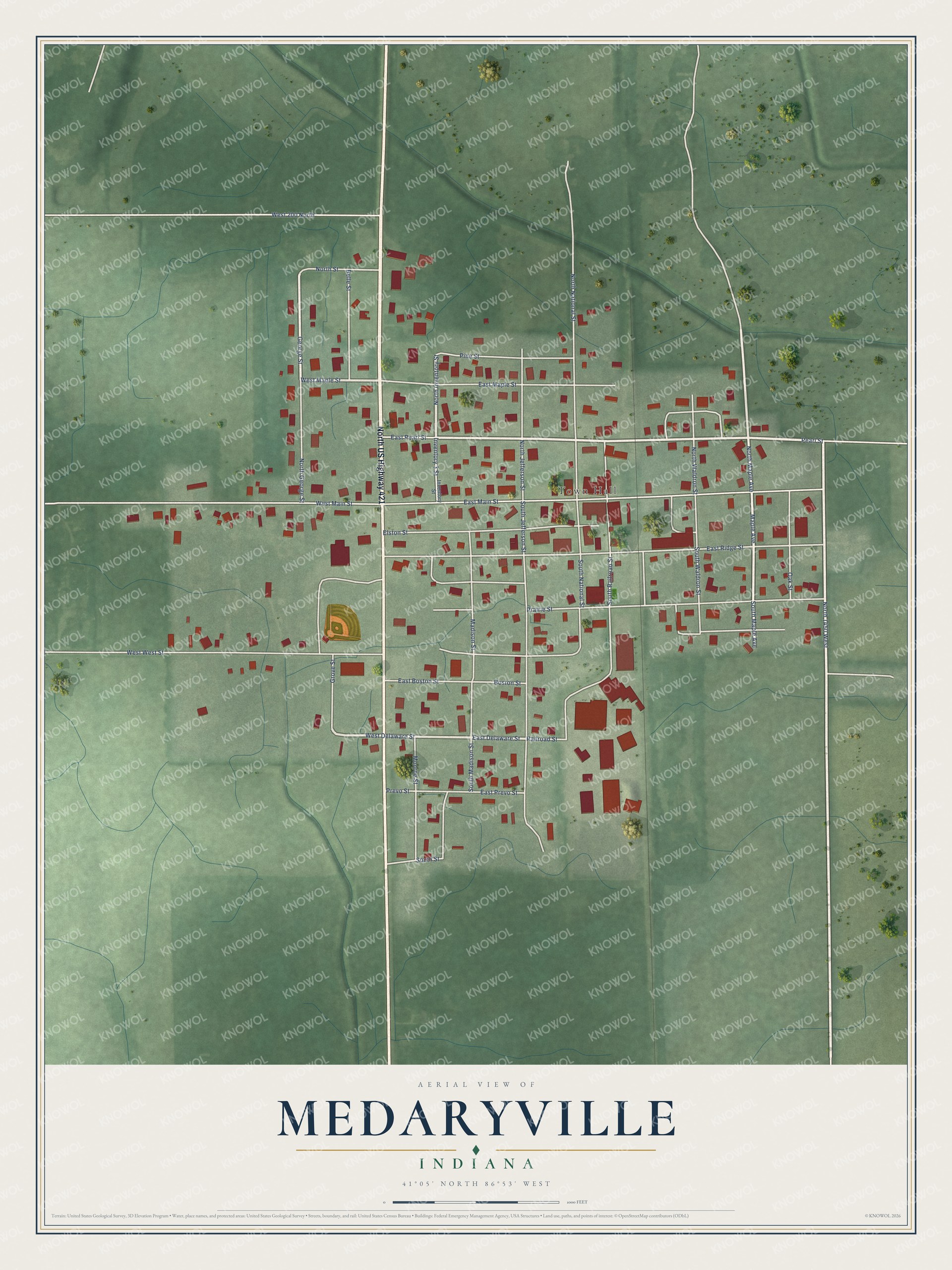 Full map of Medaryville, Indiana, with red buildings, printed street names and the land around them