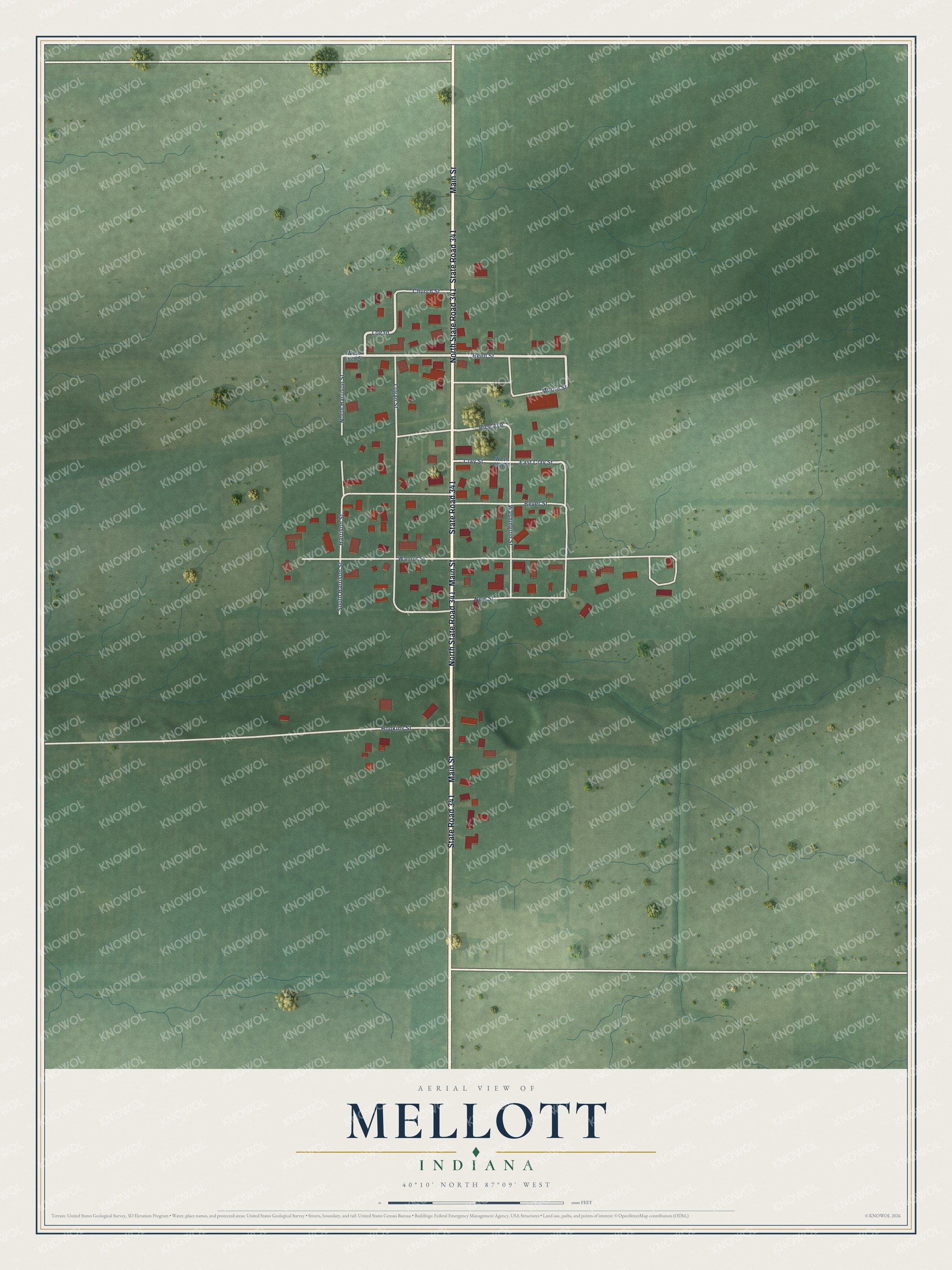 Full map of Mellott, Indiana, with red buildings, printed street names and the land around them