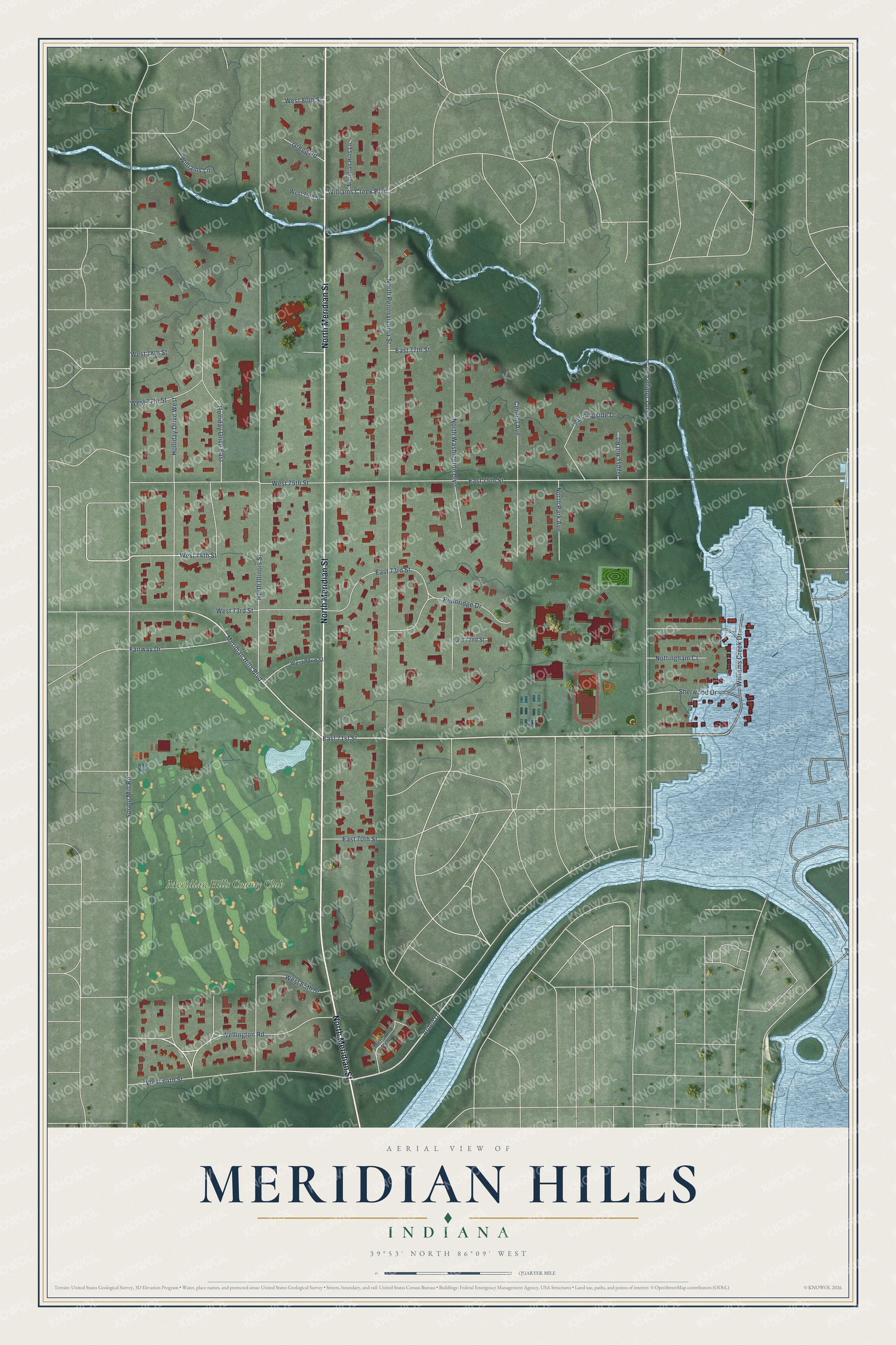 Full map of Meridian Hills, Indiana, with red buildings, printed street names and the land around them