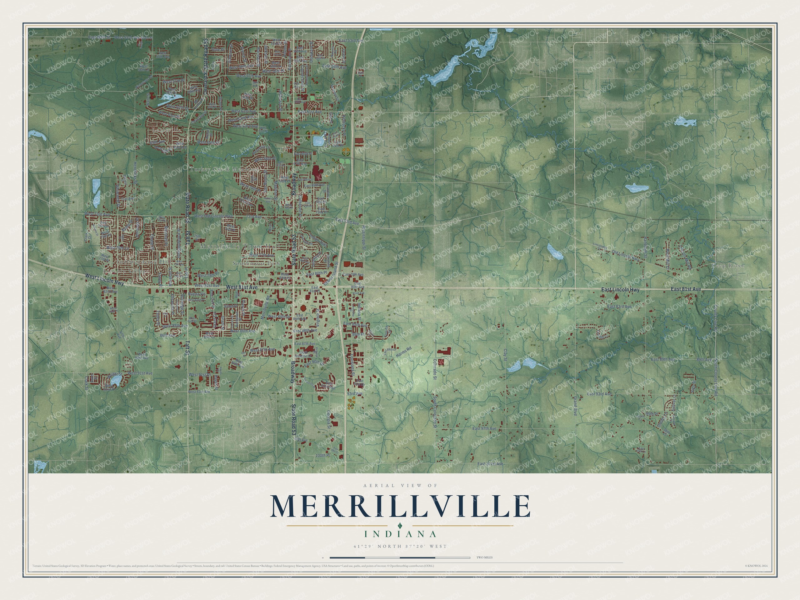 Full map of Merrillville, Indiana, with red buildings, printed street names and the land around them