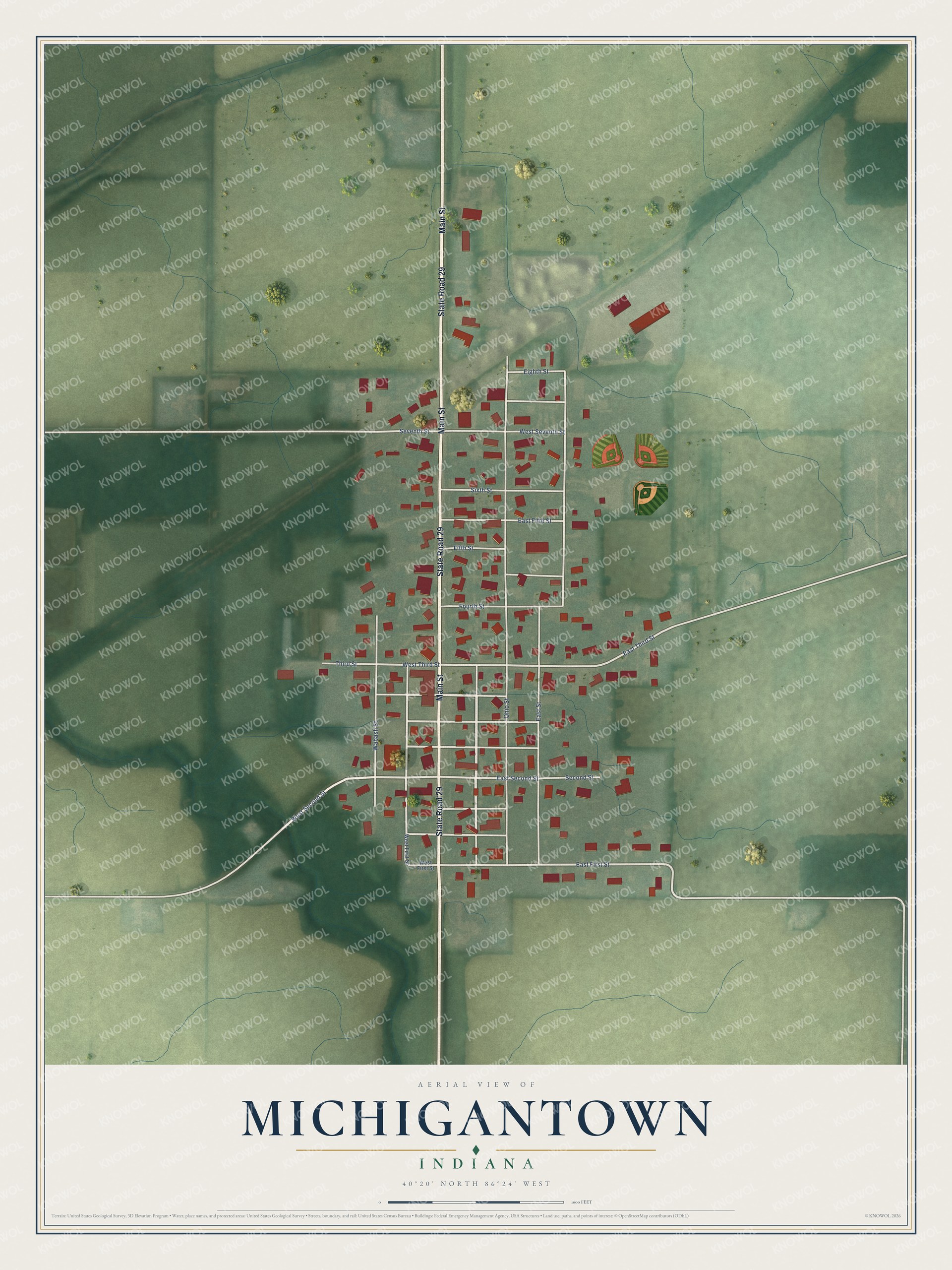 Full map of Michigantown, Indiana, with red buildings, printed street names and the land around them