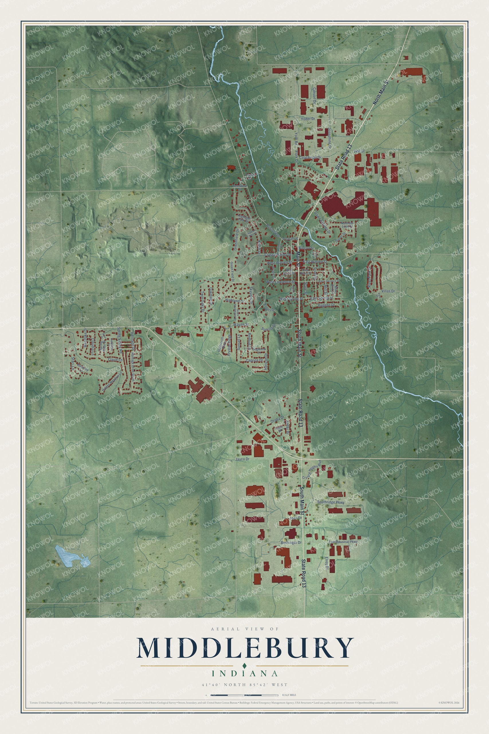 Full map of Middlebury, Indiana, with red buildings, printed street names and the land around them