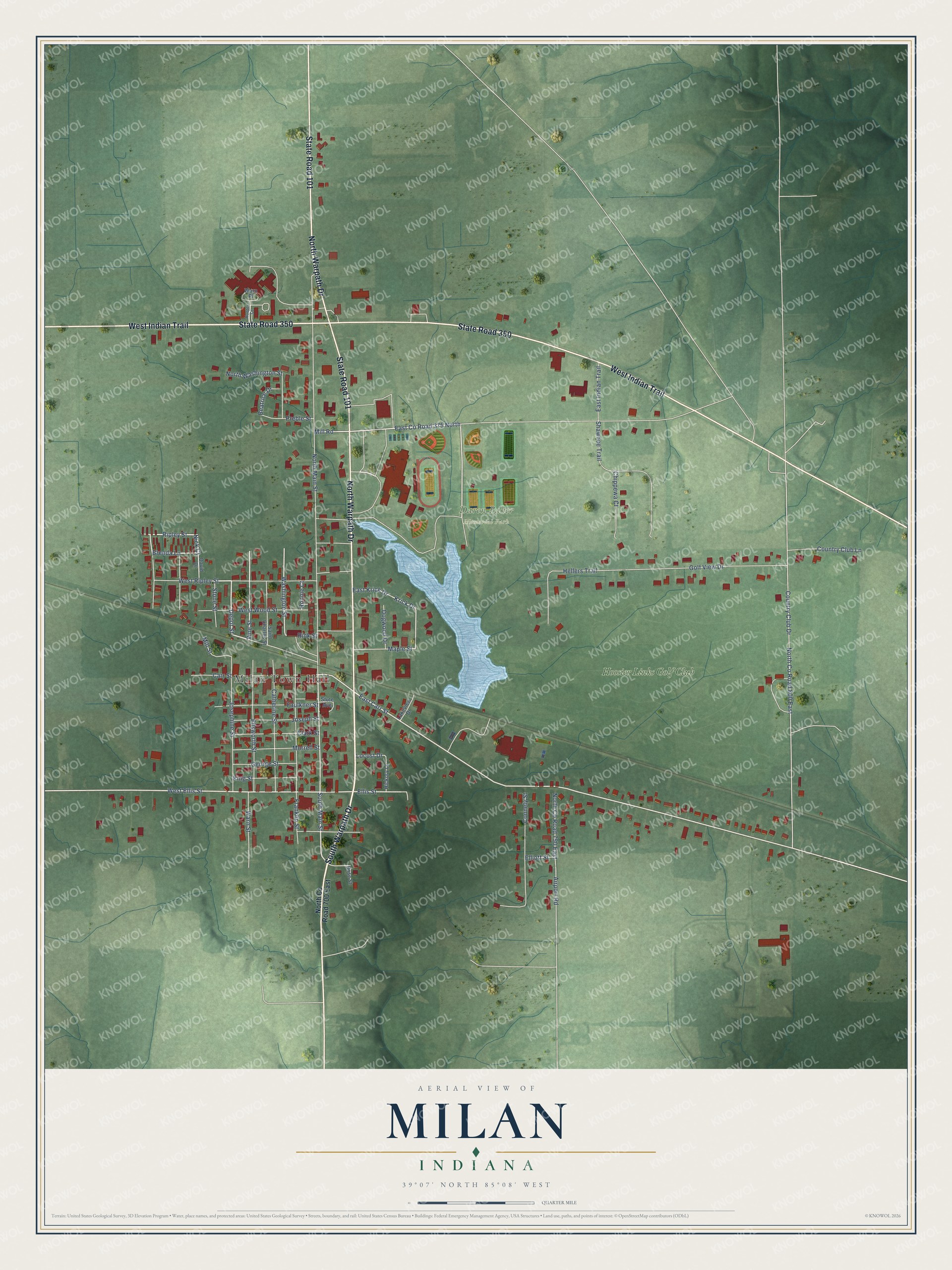 Full map of Milan, Indiana, with red buildings, printed street names and the land around them
