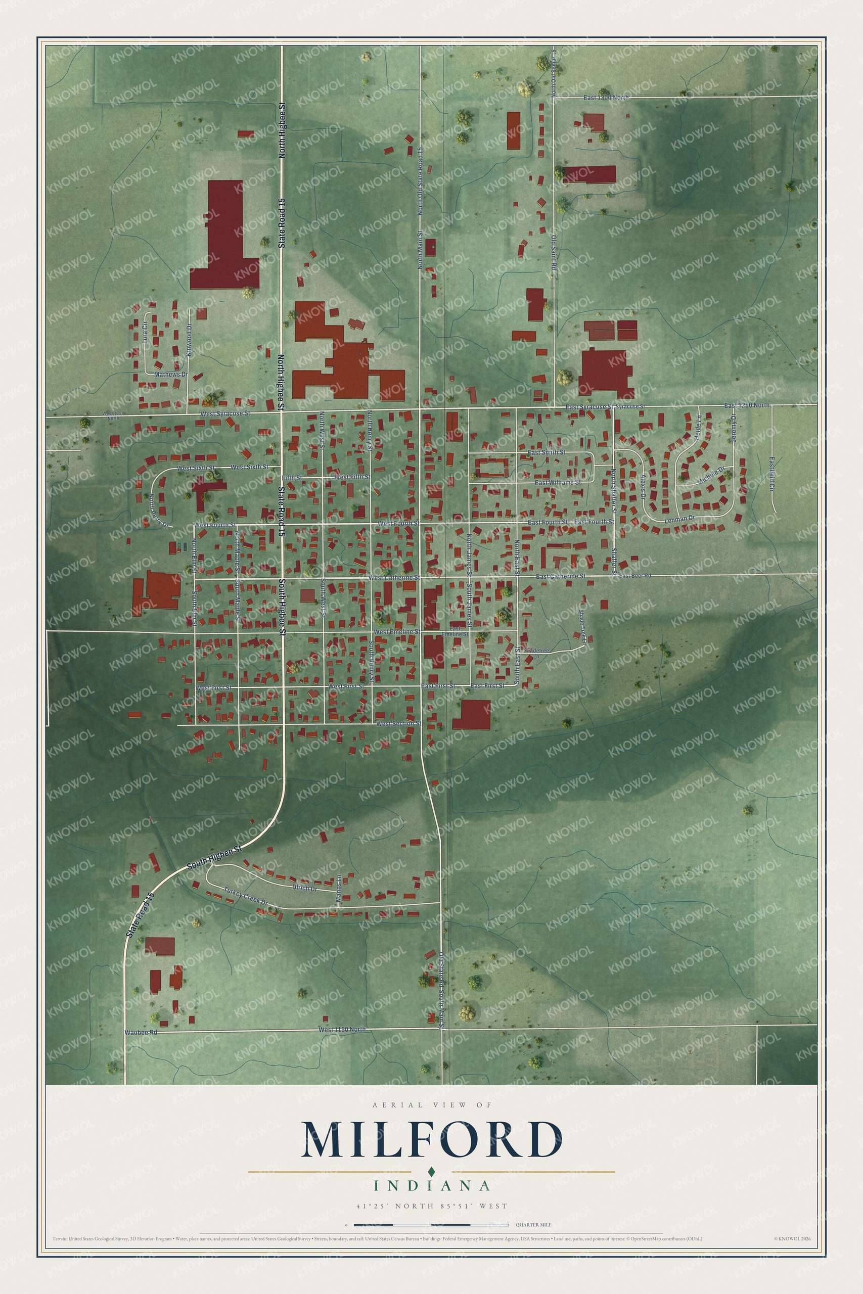 Full map of Milford, Indiana, with red buildings, printed street names and the land around them
