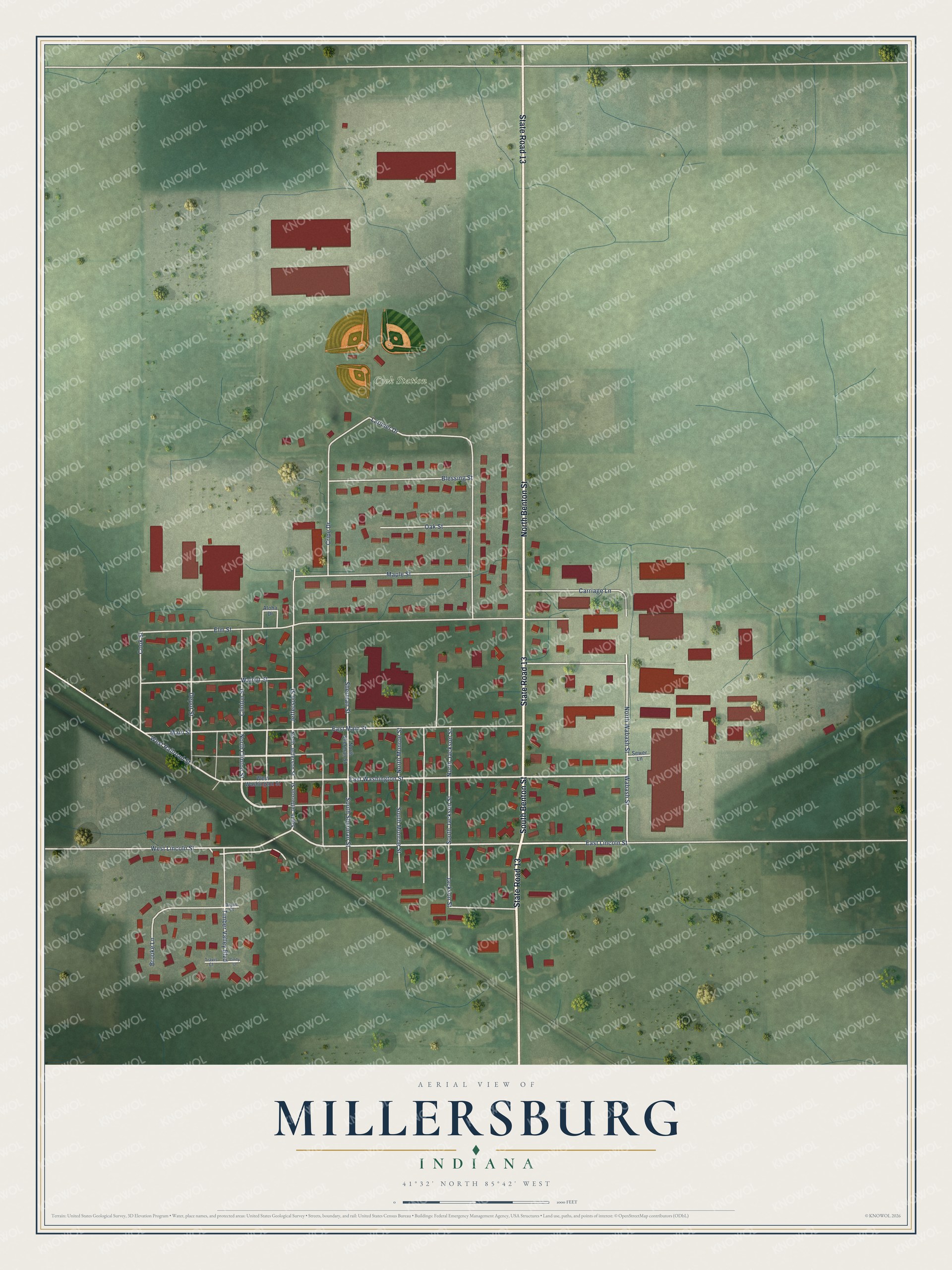 Full map of Millersburg, Indiana, with red buildings, printed street names and the land around them