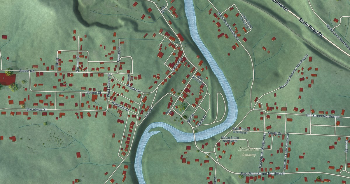 Map of Milltown, Indiana in 2026