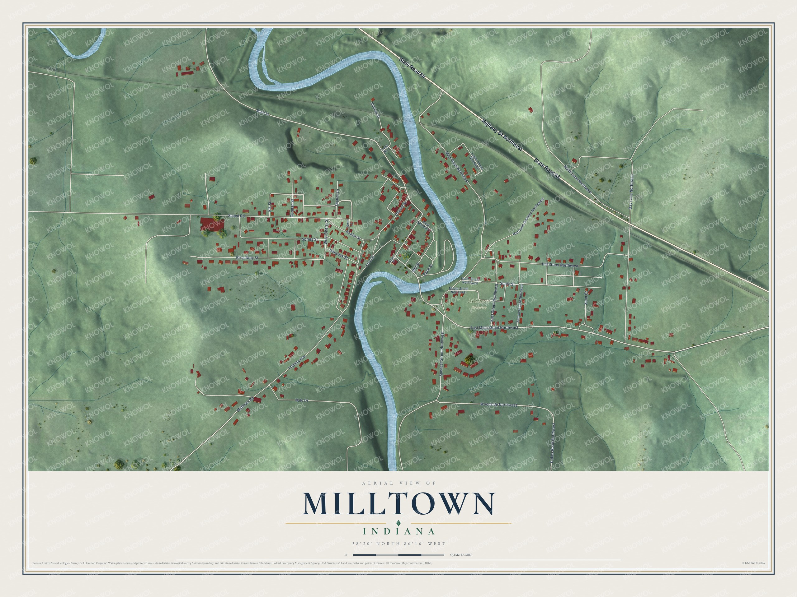 Full map of Milltown, Indiana, with red buildings, printed street names and the land around them