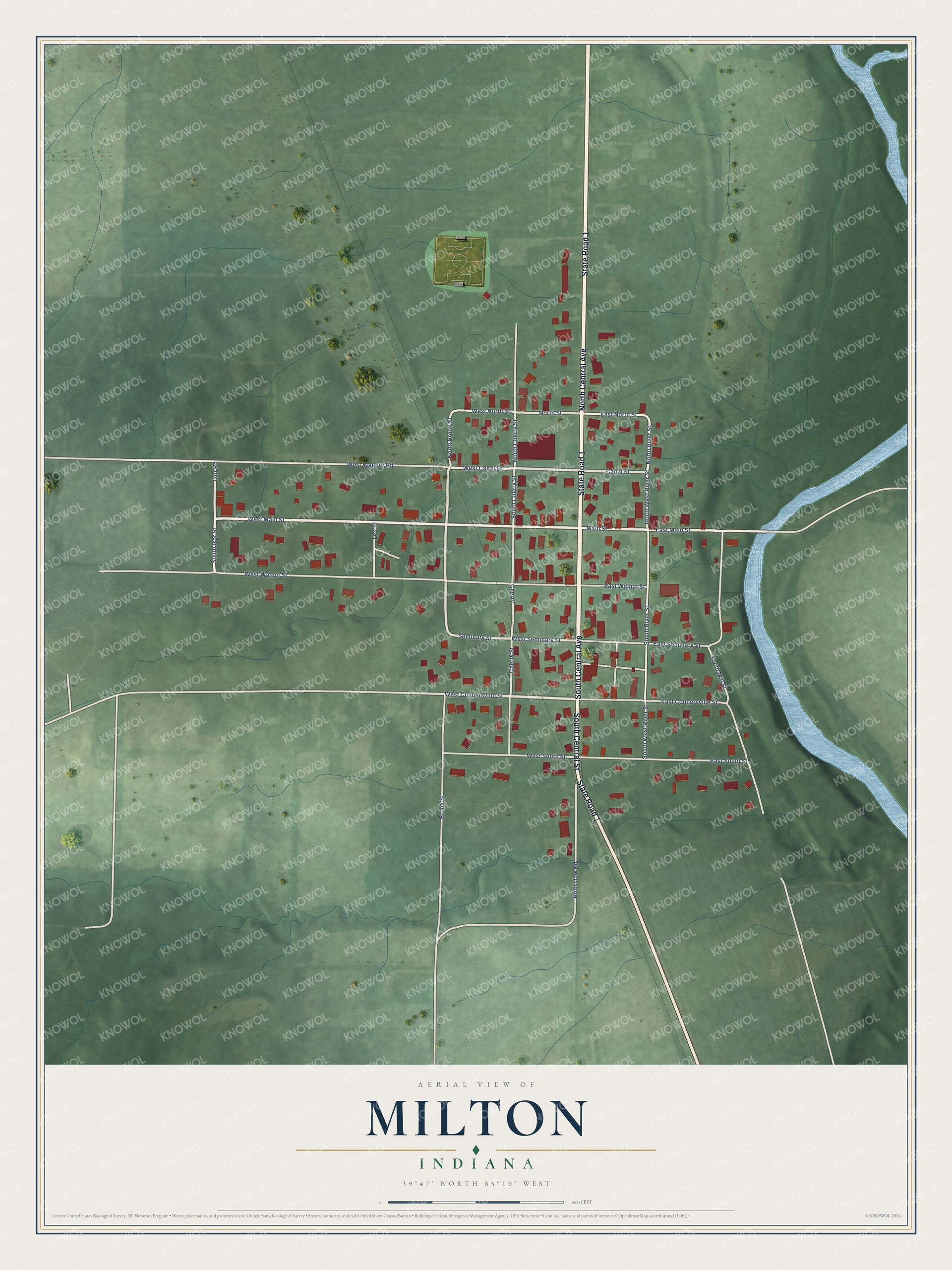Full map of Milton, Indiana, with red buildings, printed street names and the land around them