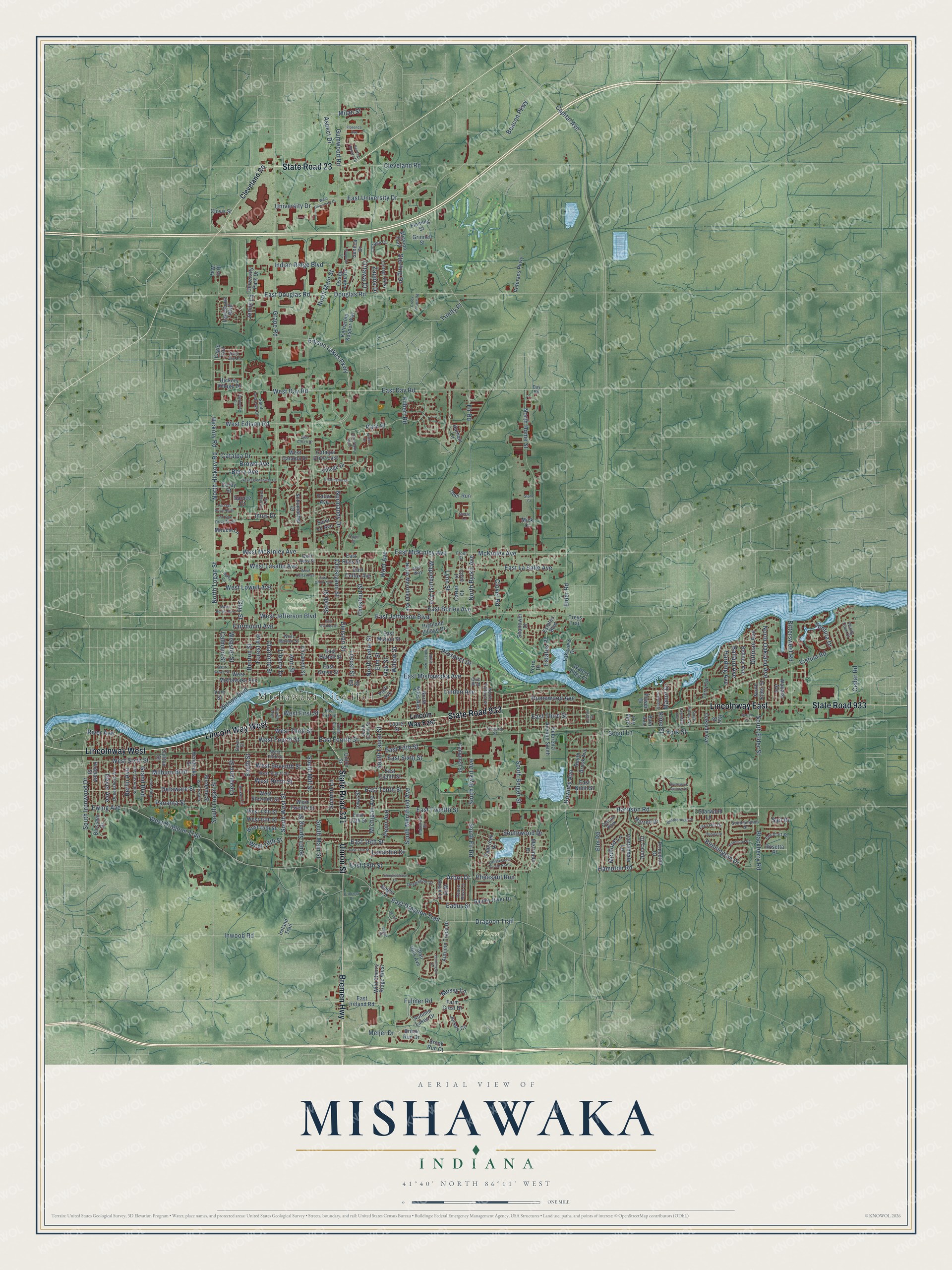 Full map of Mishawaka, Indiana, with red buildings, printed street names and the land around them
