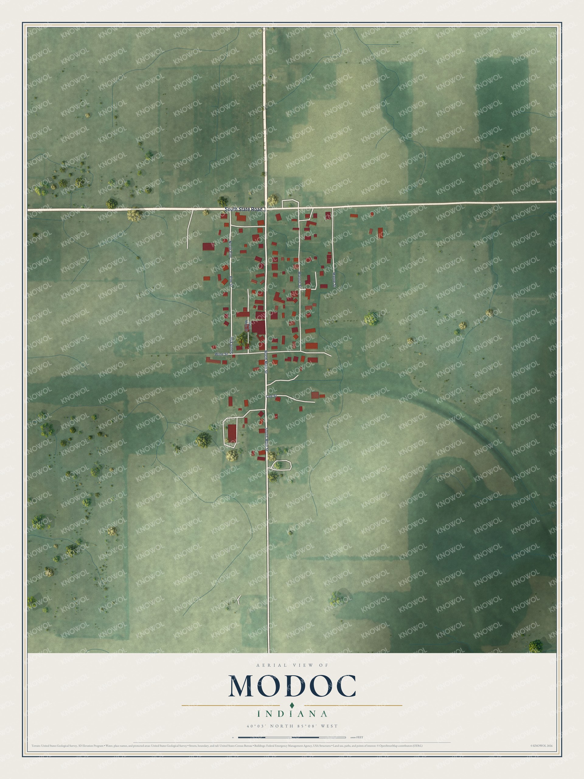Full map of Modoc, Indiana, with red buildings, printed street names and the land around them