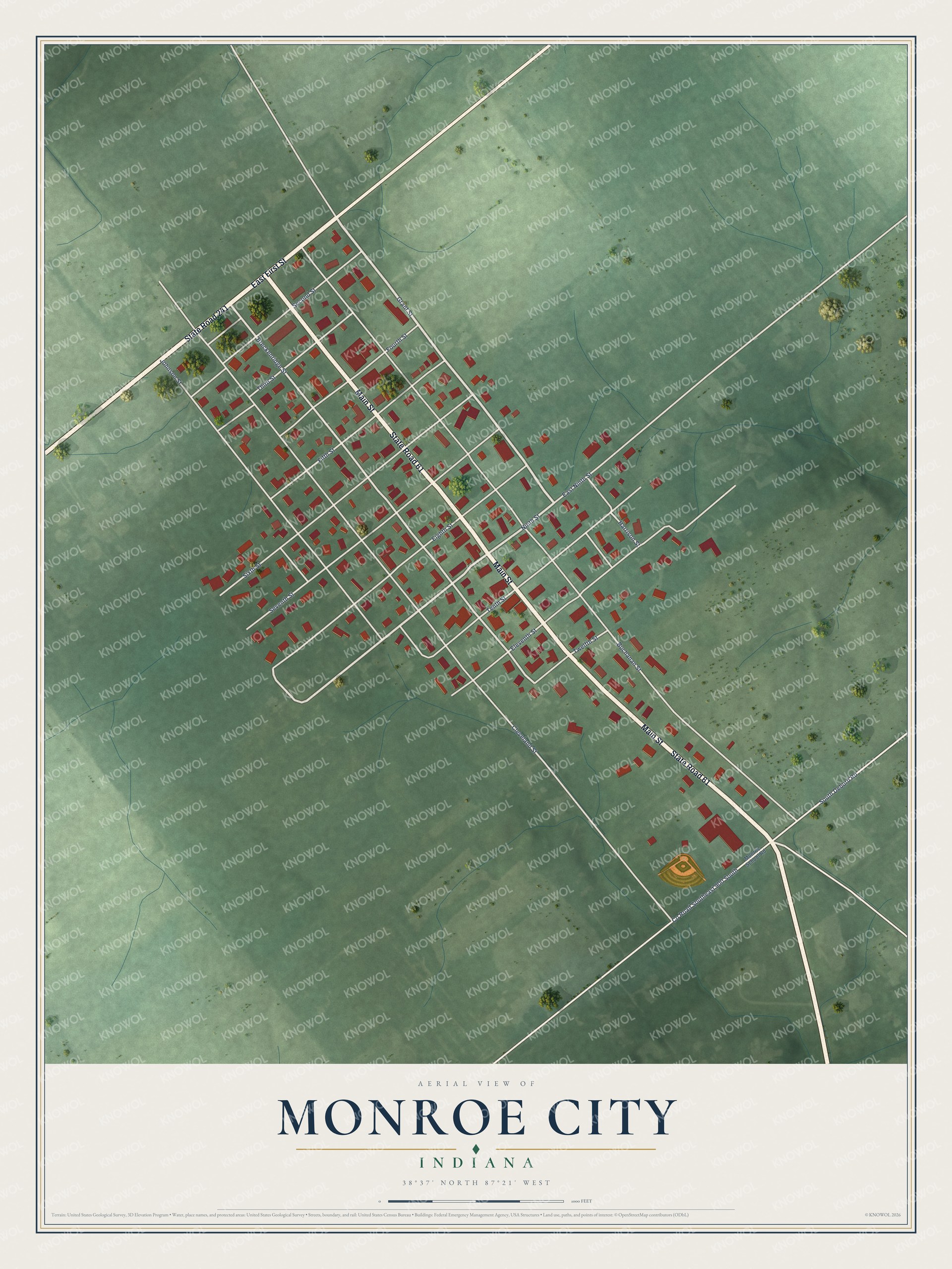 Full map of Monroe City, Indiana, with red buildings, printed street names and the land around them