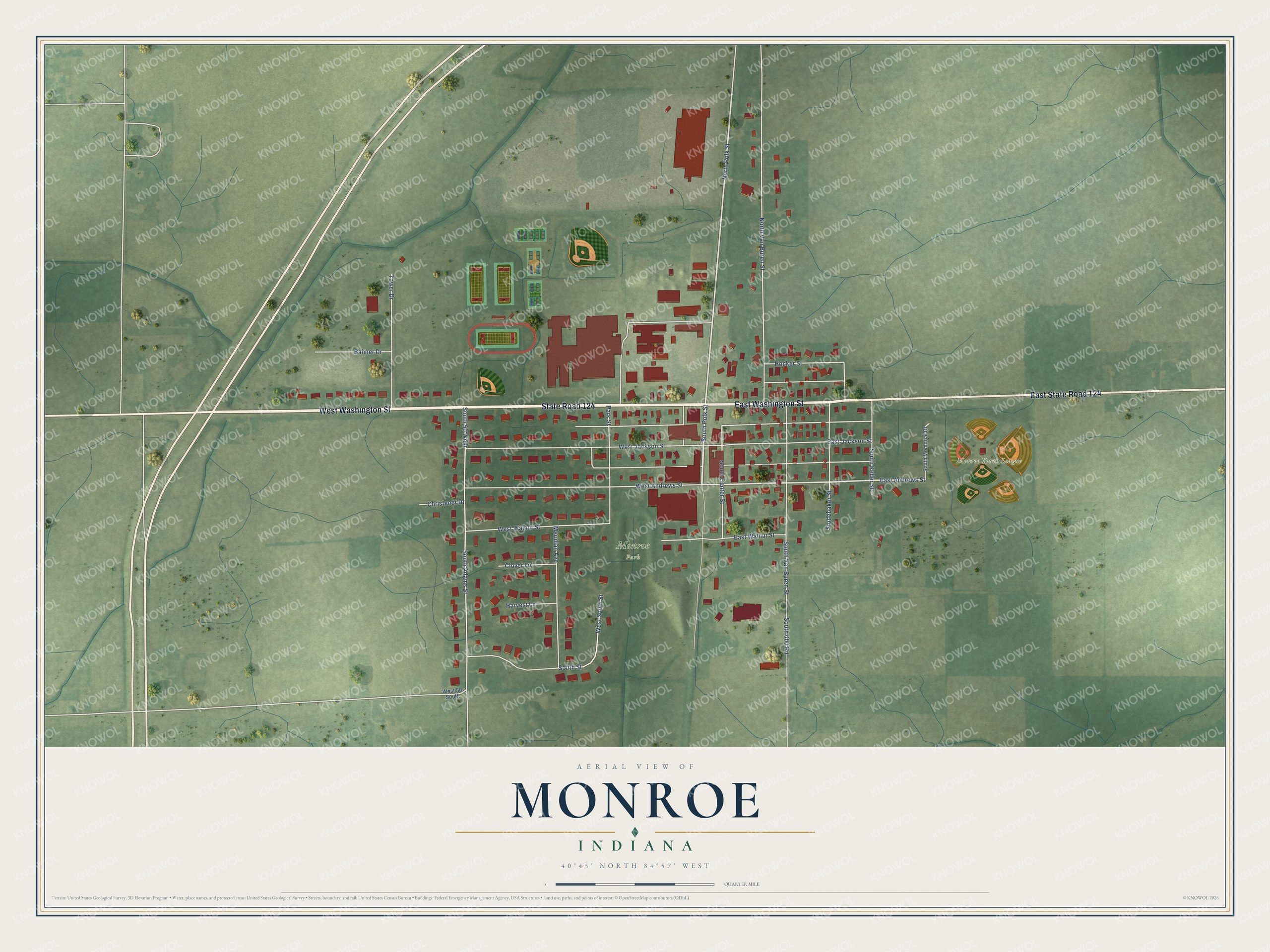 Full map of Monroe, Indiana, with red buildings, printed street names and the land around them