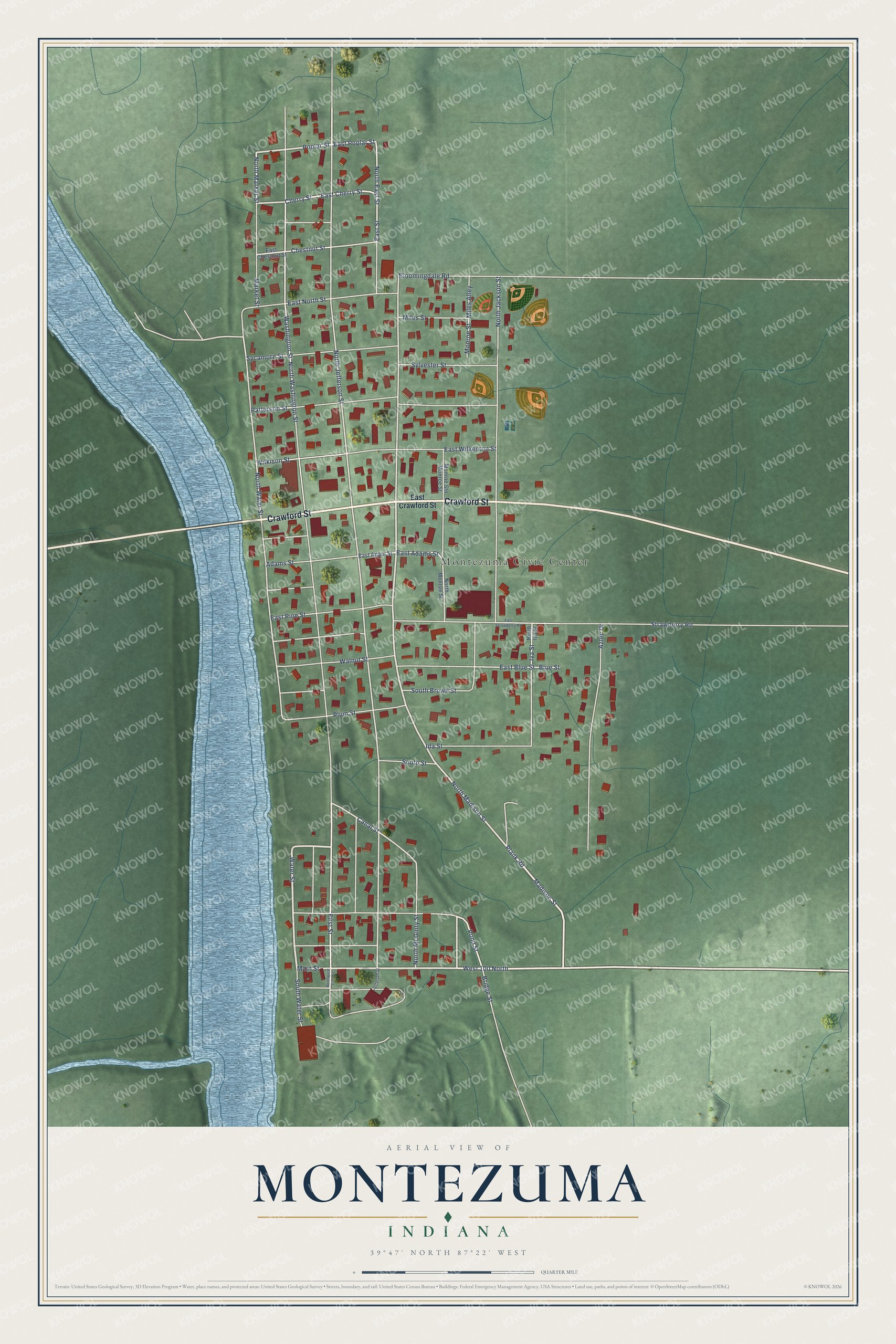 Full map of Montezuma, Indiana, with red buildings, printed street names and the land around them
