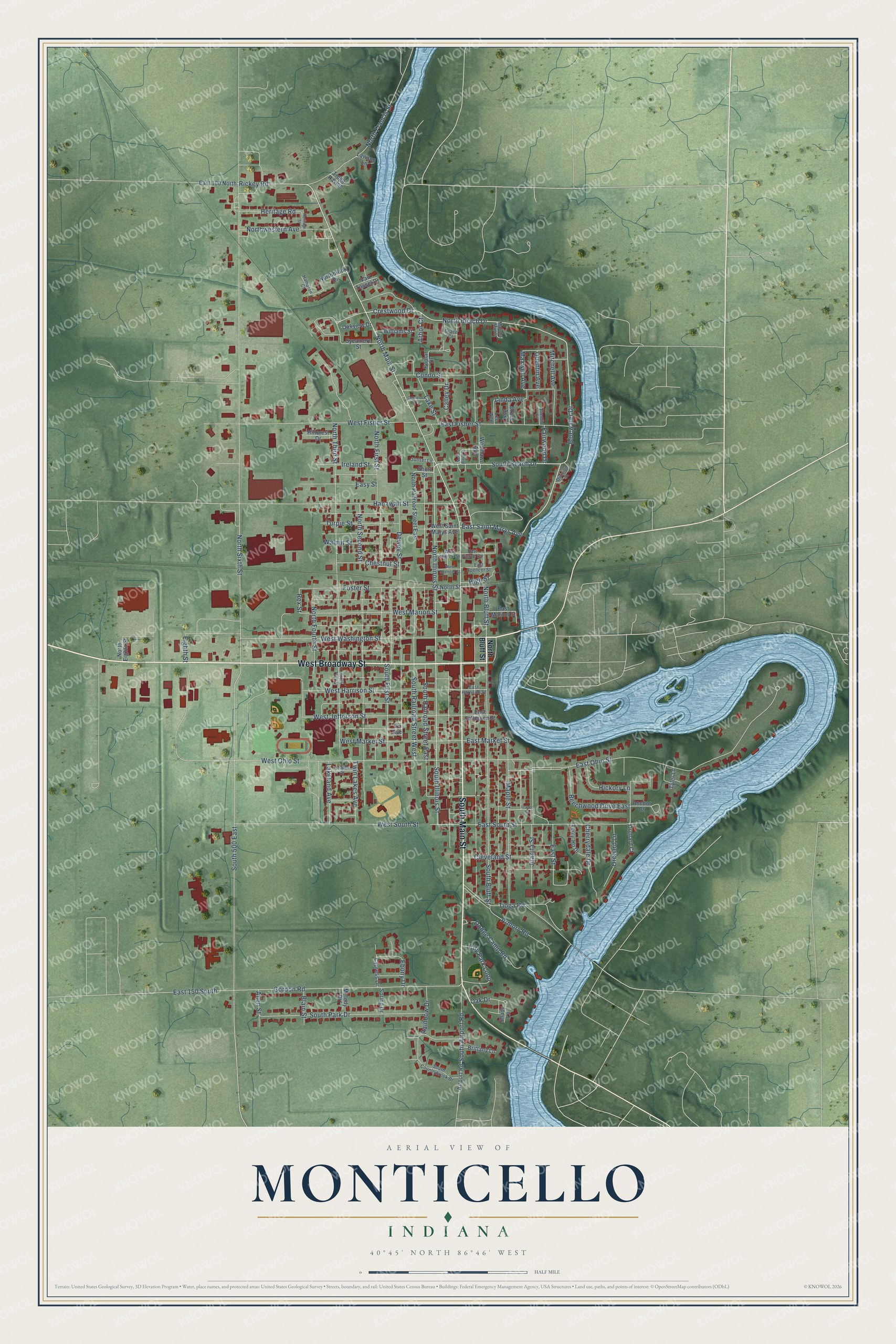 Full map of Monticello, Indiana, with red buildings, printed street names and the land around them