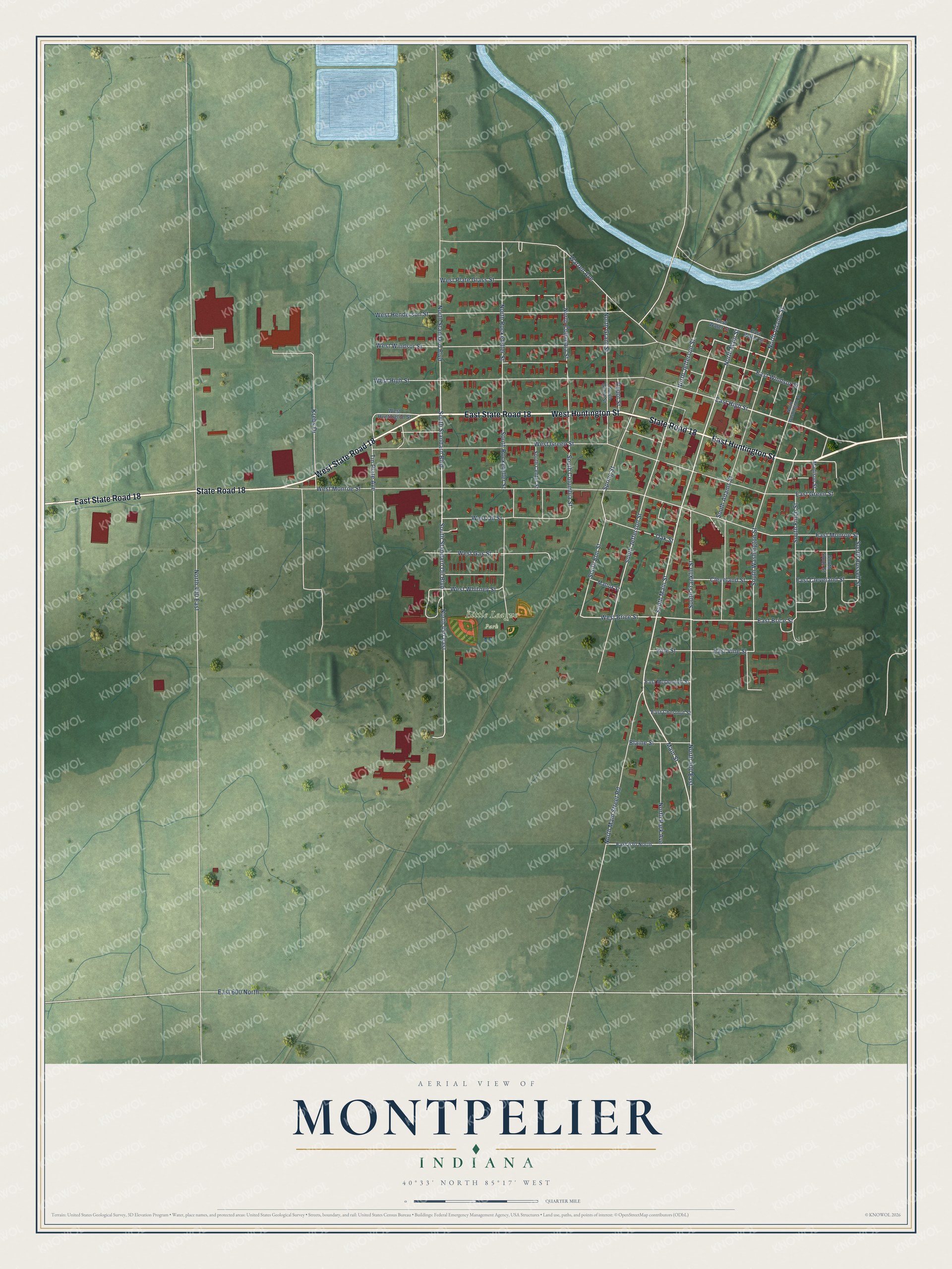 Full map of Montpelier, Indiana, with red buildings, printed street names and the land around them