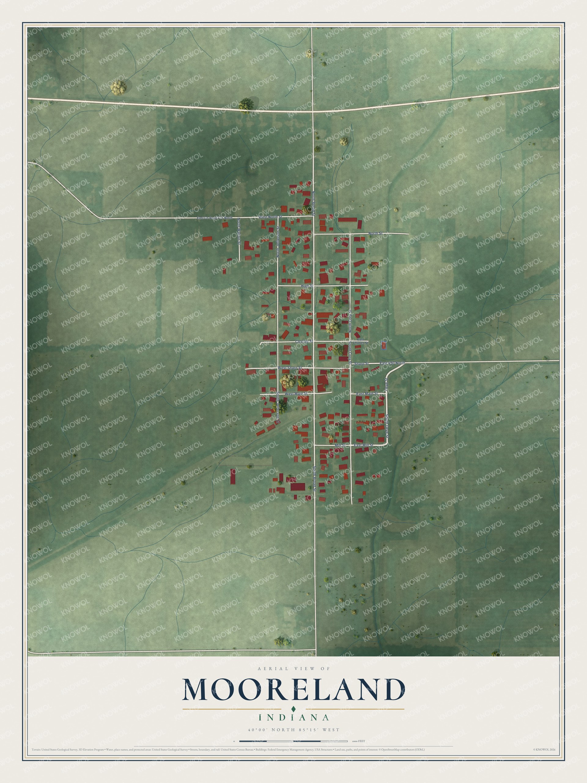 Full map of Mooreland, Indiana, with red buildings, printed street names and the land around them