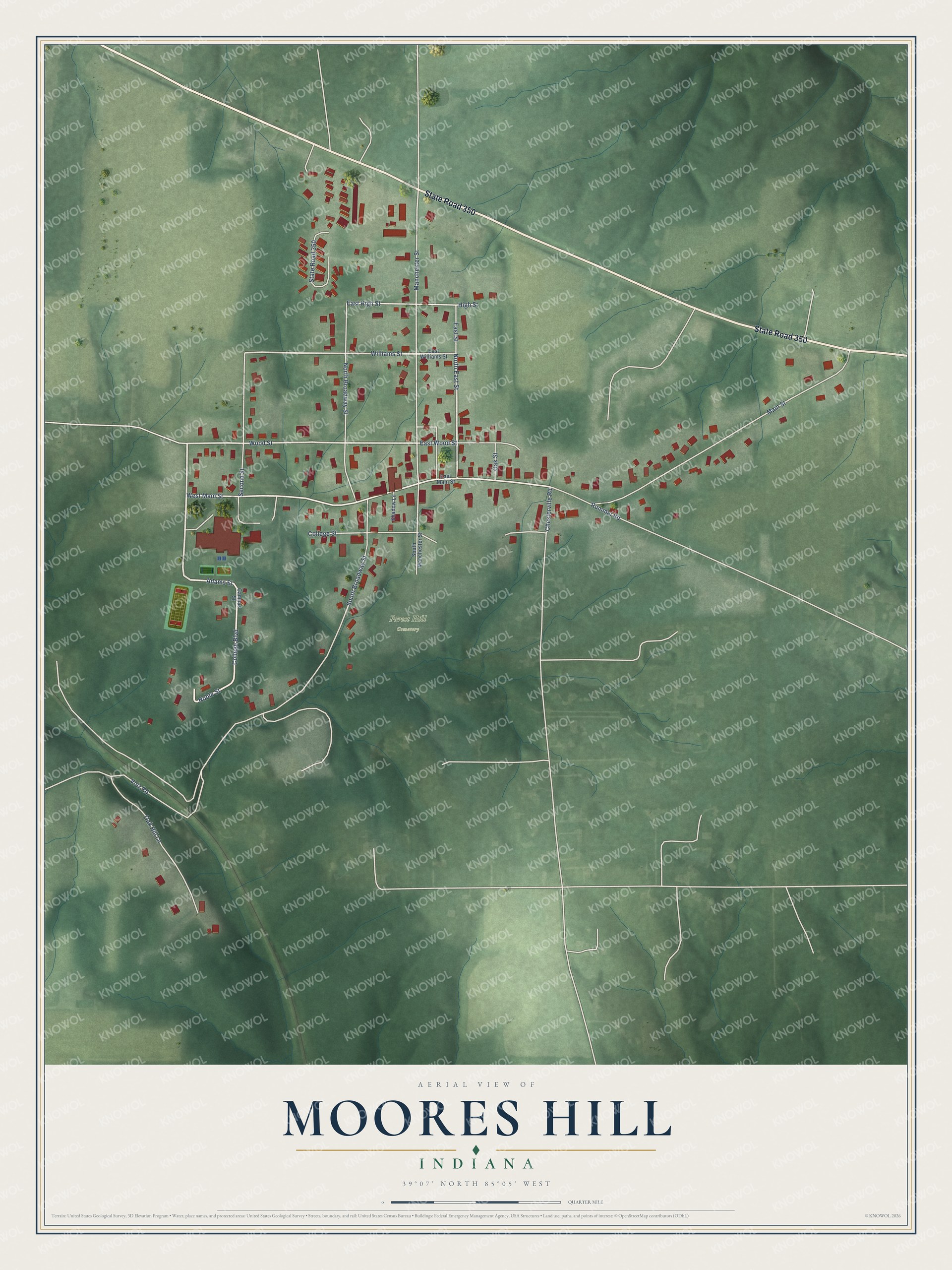 Full map of Moores Hill, Indiana, with red buildings, printed street names and the land around them