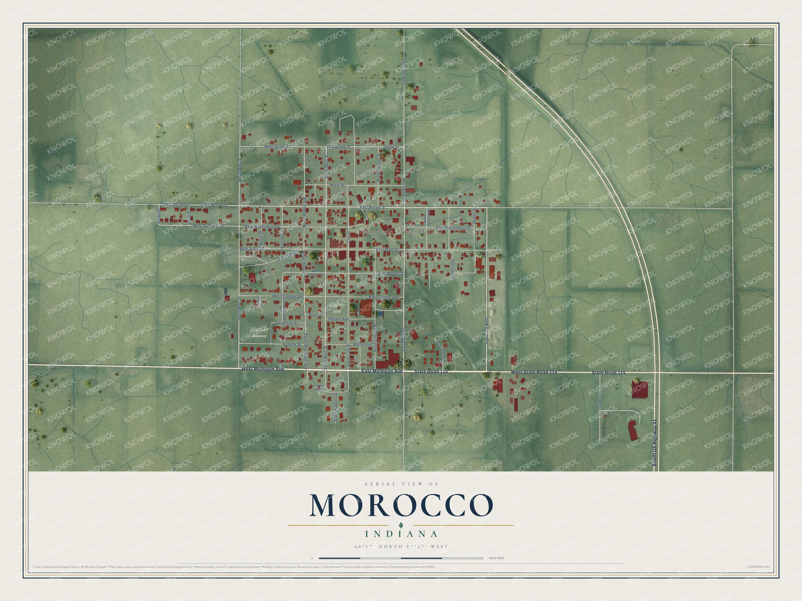 Full map of Morocco, Indiana, with red buildings, printed street names and the land around them