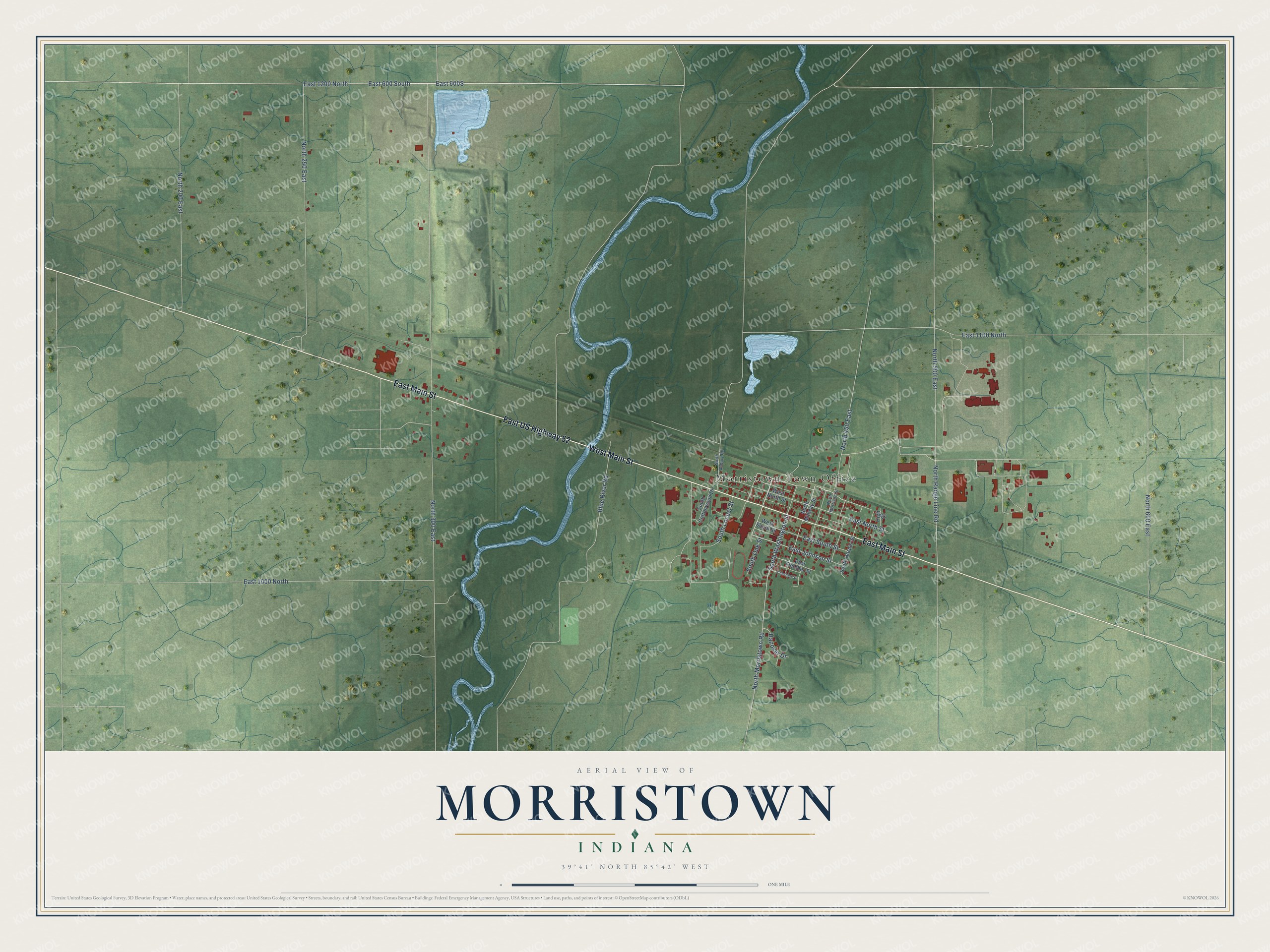 Full map of Morristown, Indiana, with red buildings, printed street names and the land around them