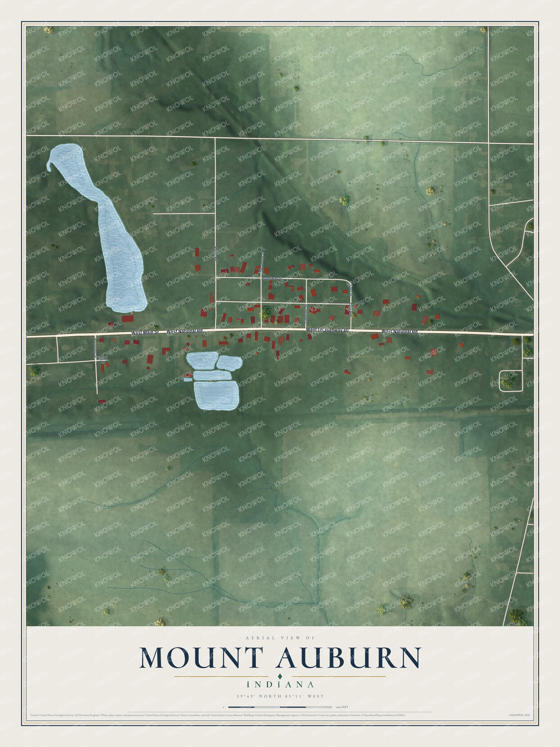 Full map of Mount Auburn, Indiana, with red buildings, printed street names and the land around them
