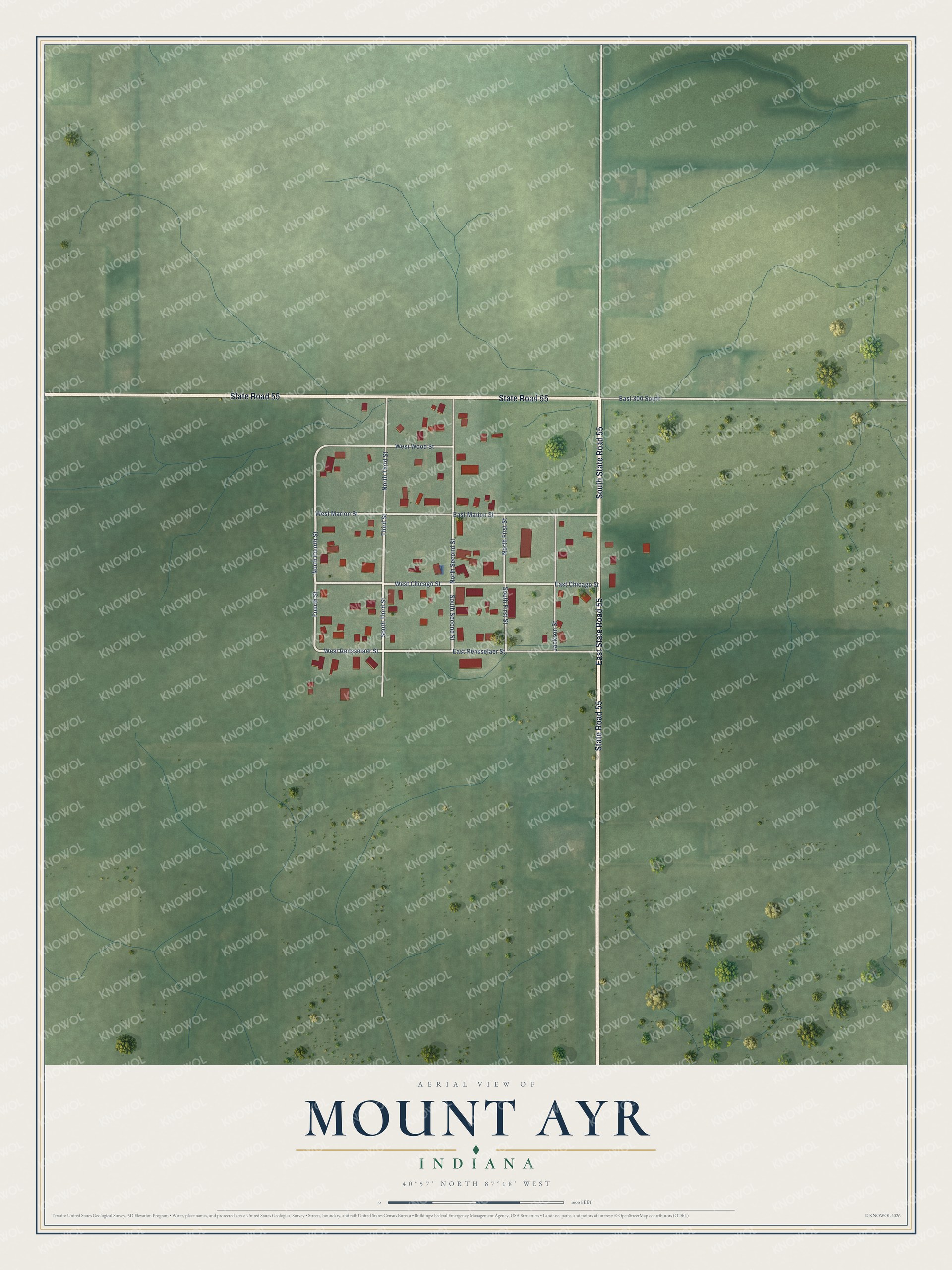 Full map of Mount Ayr, Indiana, with red buildings, printed street names and the land around them
