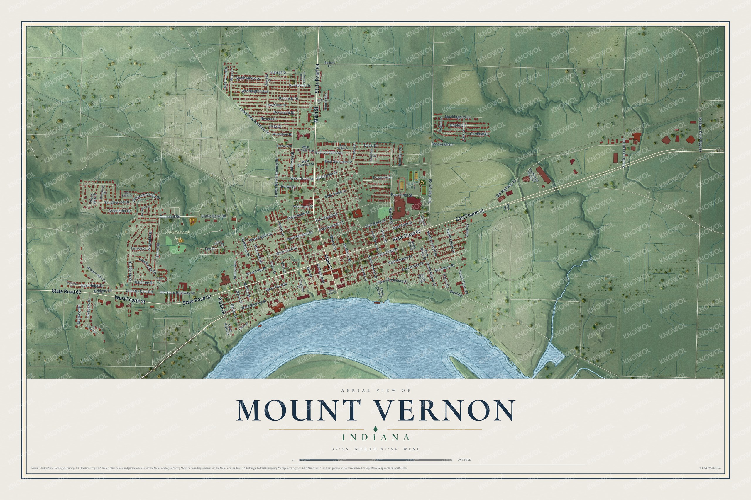 Full map of Mount Vernon, Indiana, with red buildings, printed street names and the land around them
