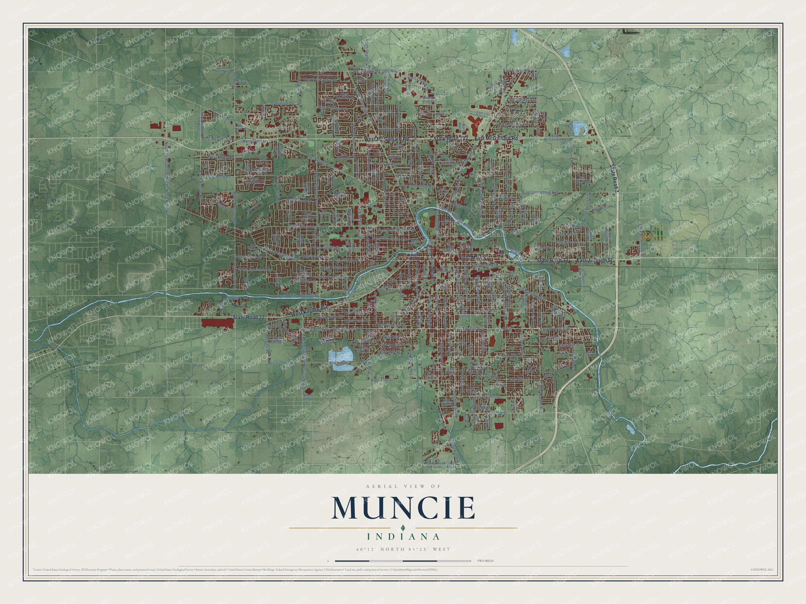 Full map of Muncie, Indiana, with red buildings, printed street names and the land around them