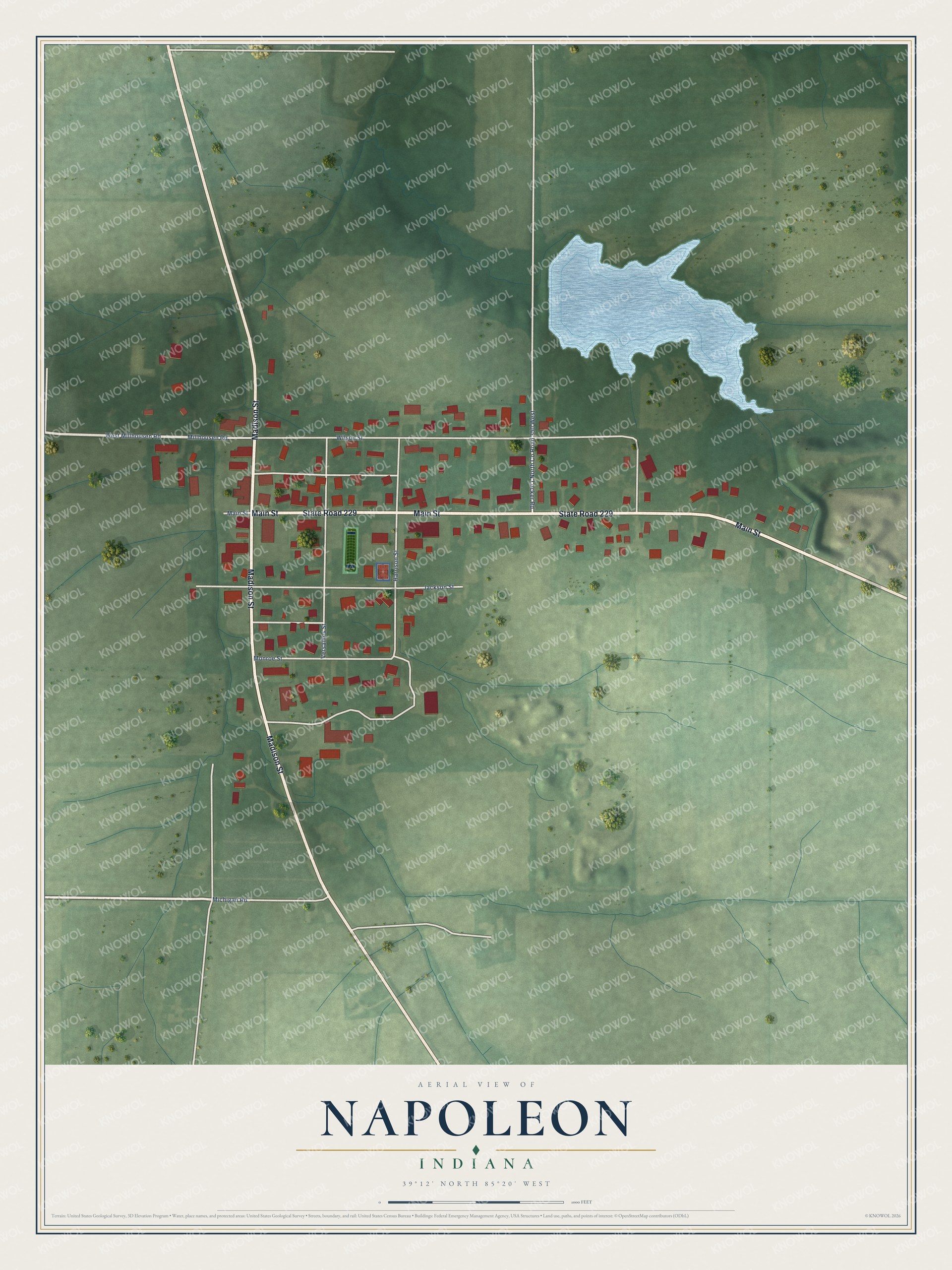 Full map of Napoleon, Indiana, with red buildings, printed street names and the land around them