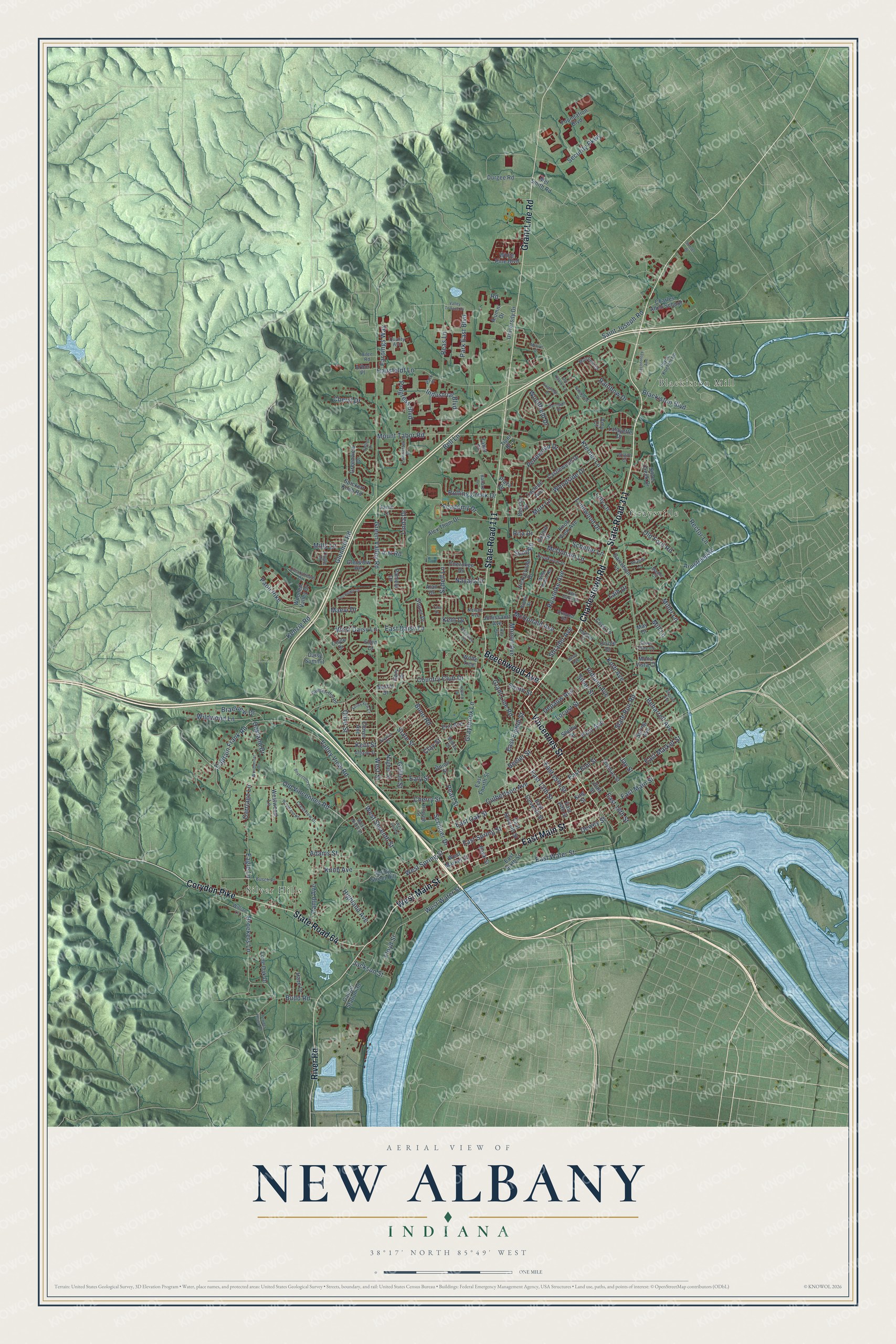 Full map of New Albany, Indiana, with red buildings, printed street names and the land around them