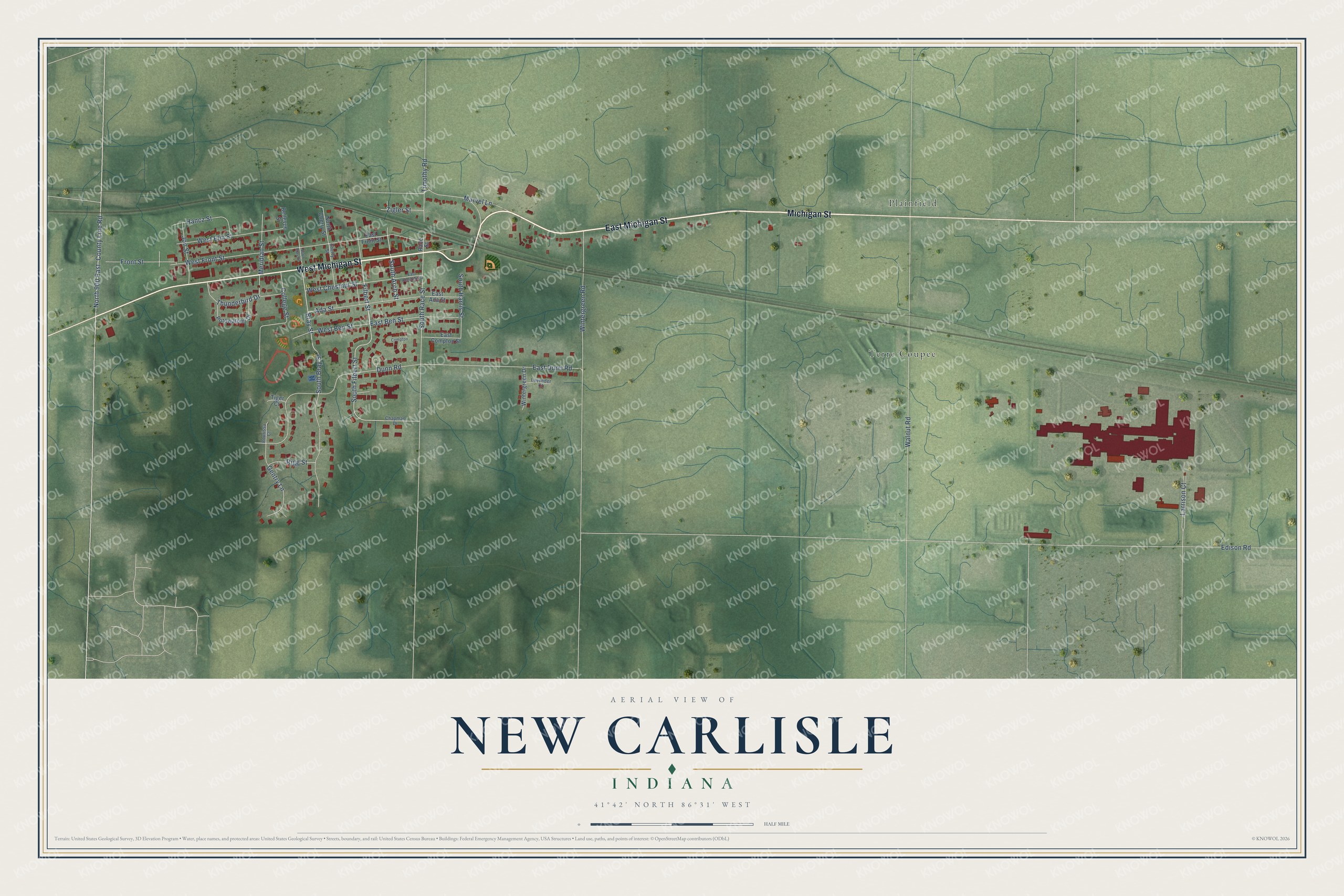 Full map of New Carlisle, Indiana, with red buildings, printed street names and the land around them