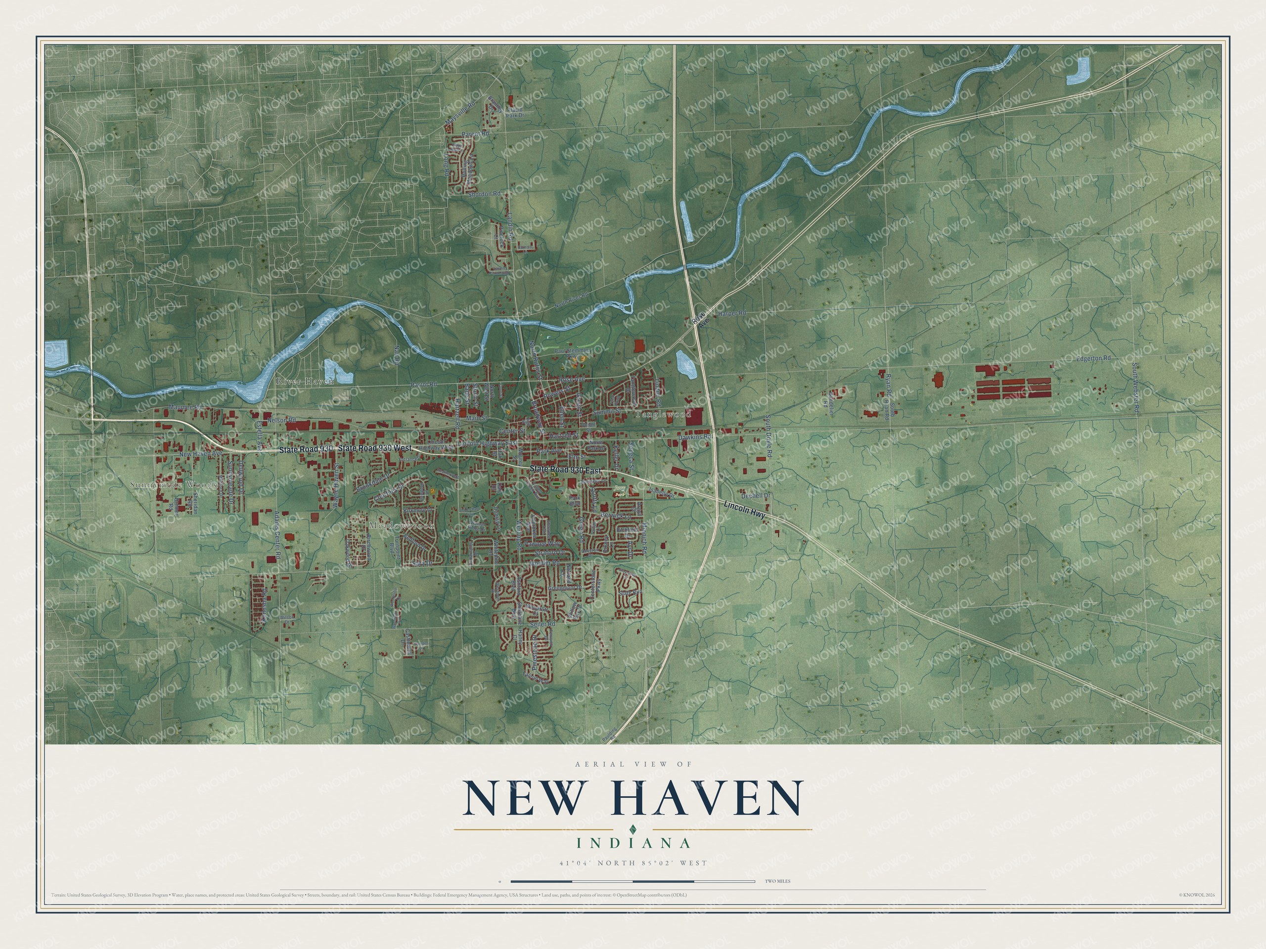 Full map of New Haven, Indiana, with red buildings, printed street names and the land around them