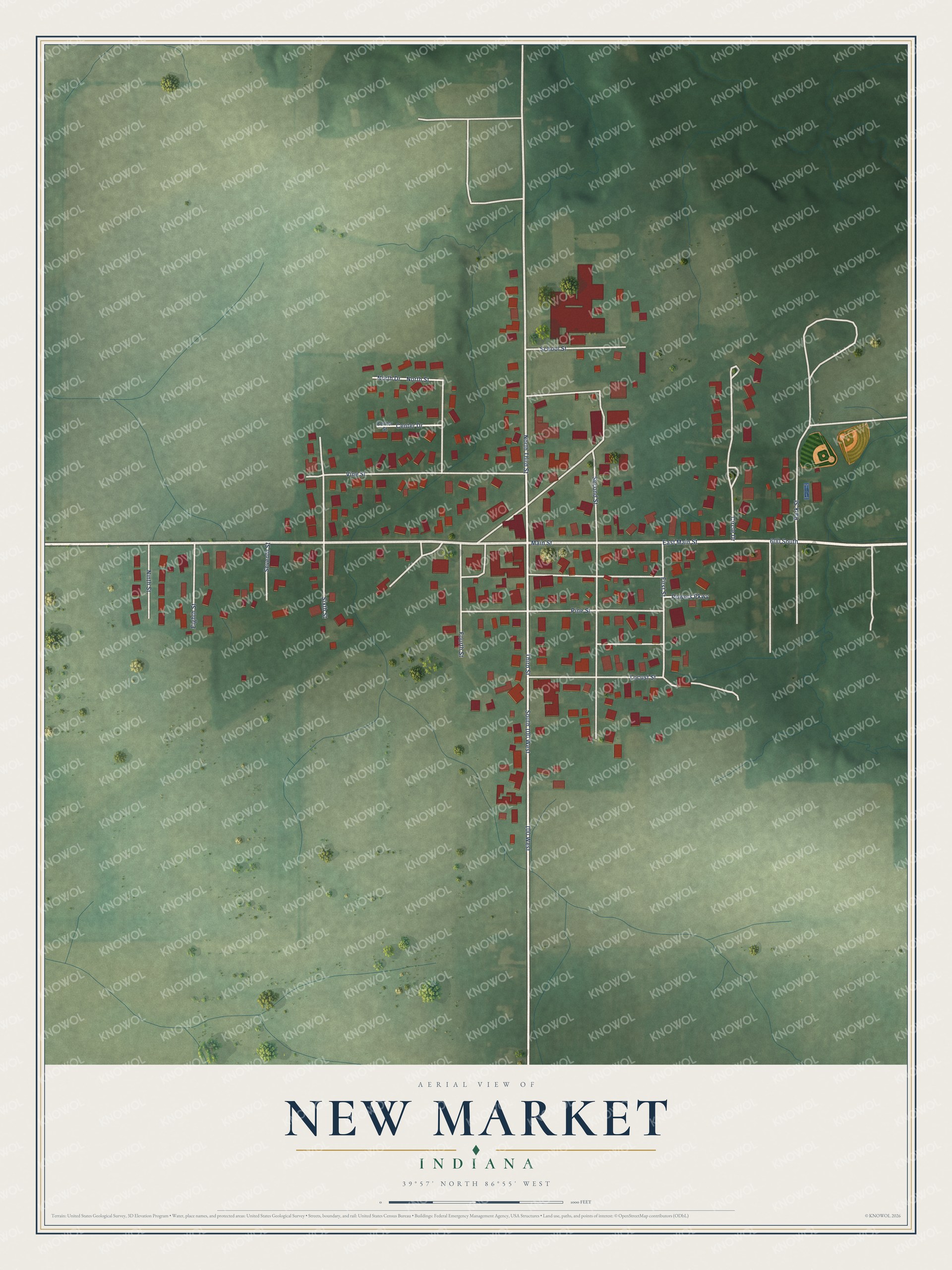 Full map of New Market, Indiana, with red buildings, printed street names and the land around them