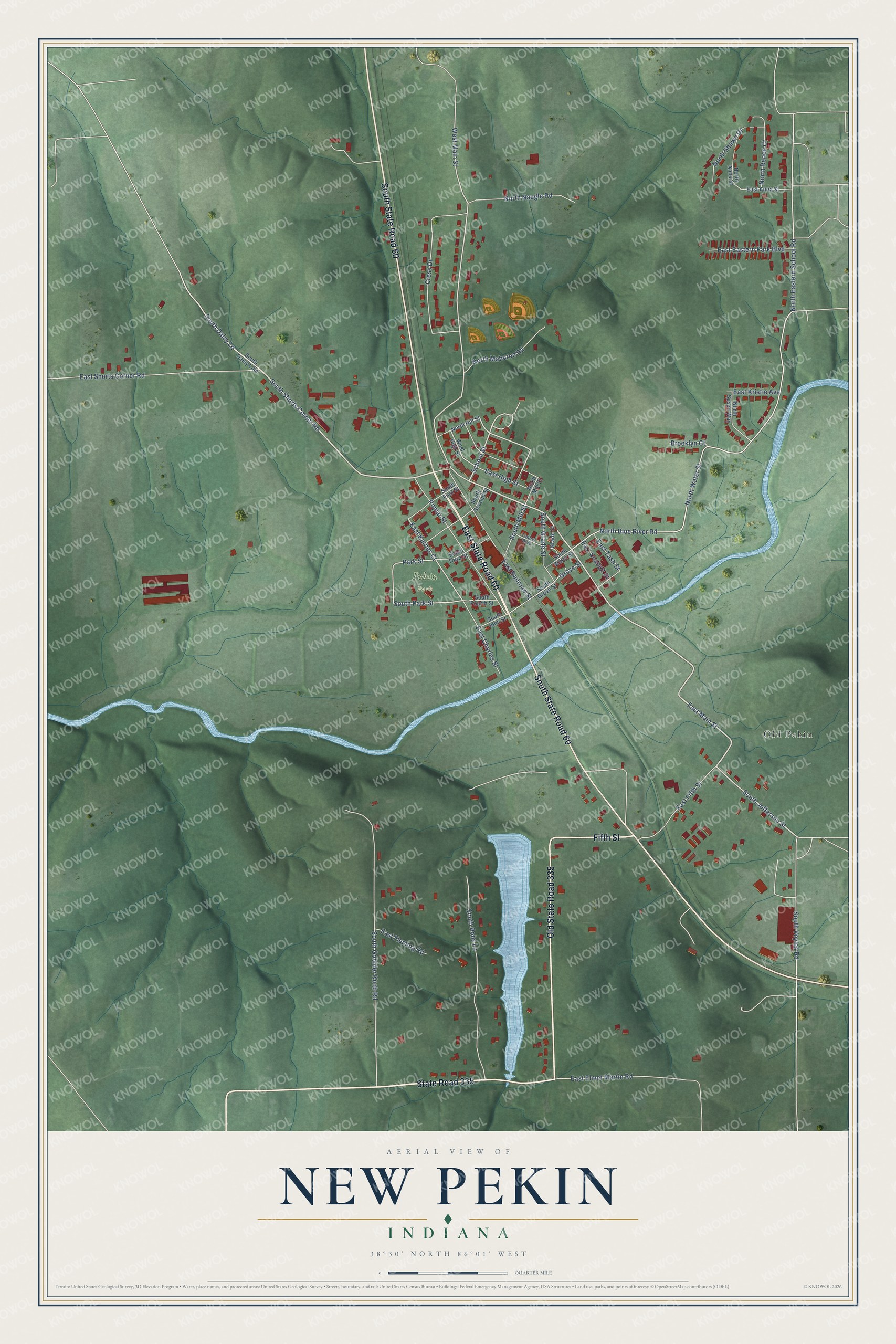 Full map of New Pekin, Indiana, with red buildings, printed street names and the land around them