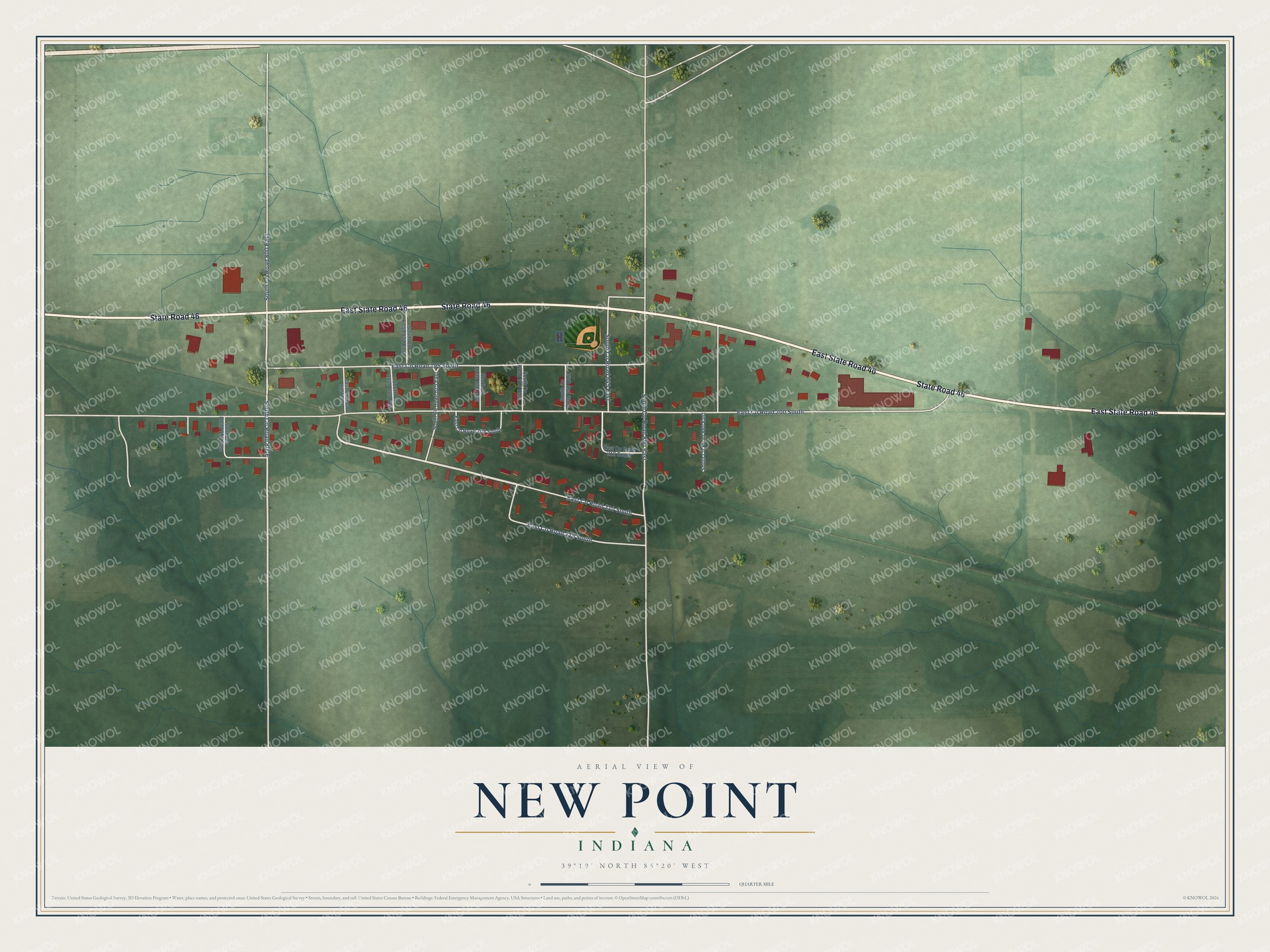 Full map of New Point, Indiana, with red buildings, printed street names and the land around them