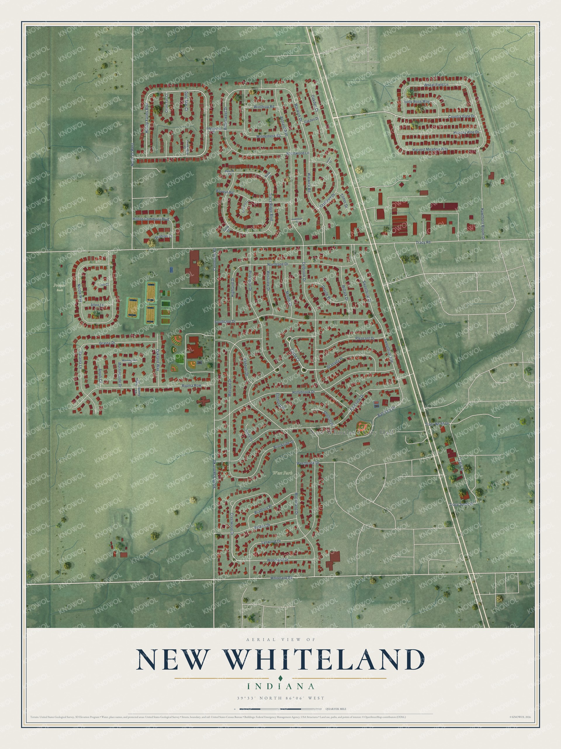 Full map of New Whiteland, Indiana, with red buildings, printed street names and the land around them