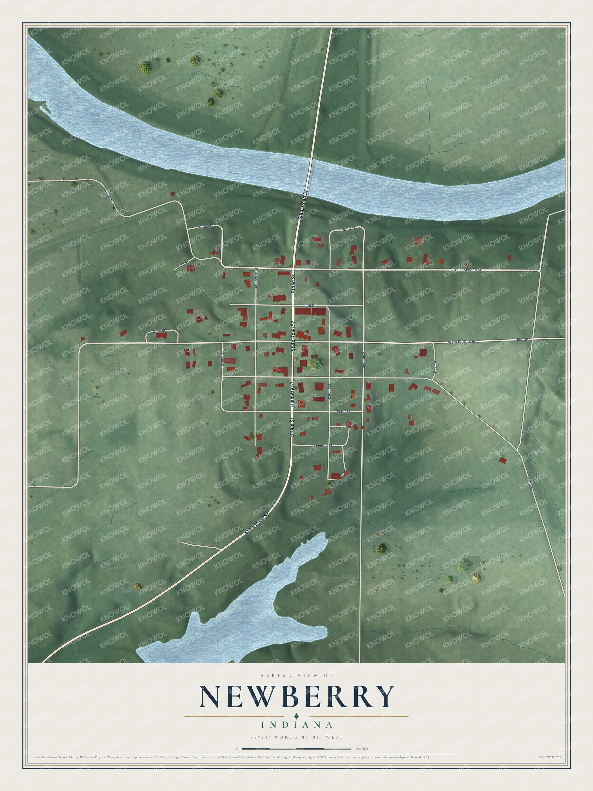 Full map of Newberry, Indiana, with red buildings, printed street names and the land around them