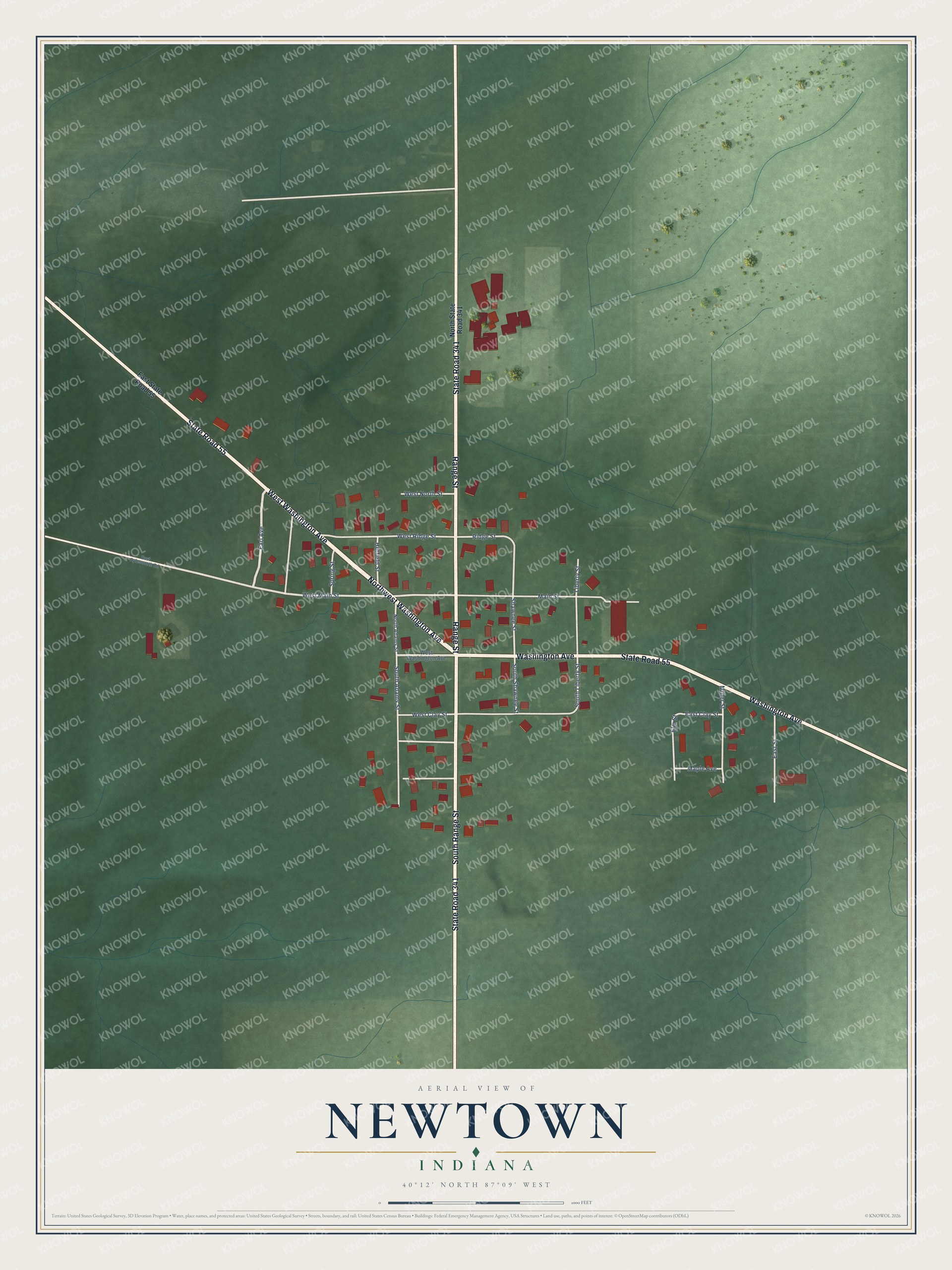 Full map of Newtown, Indiana, with red buildings, printed street names and the land around them