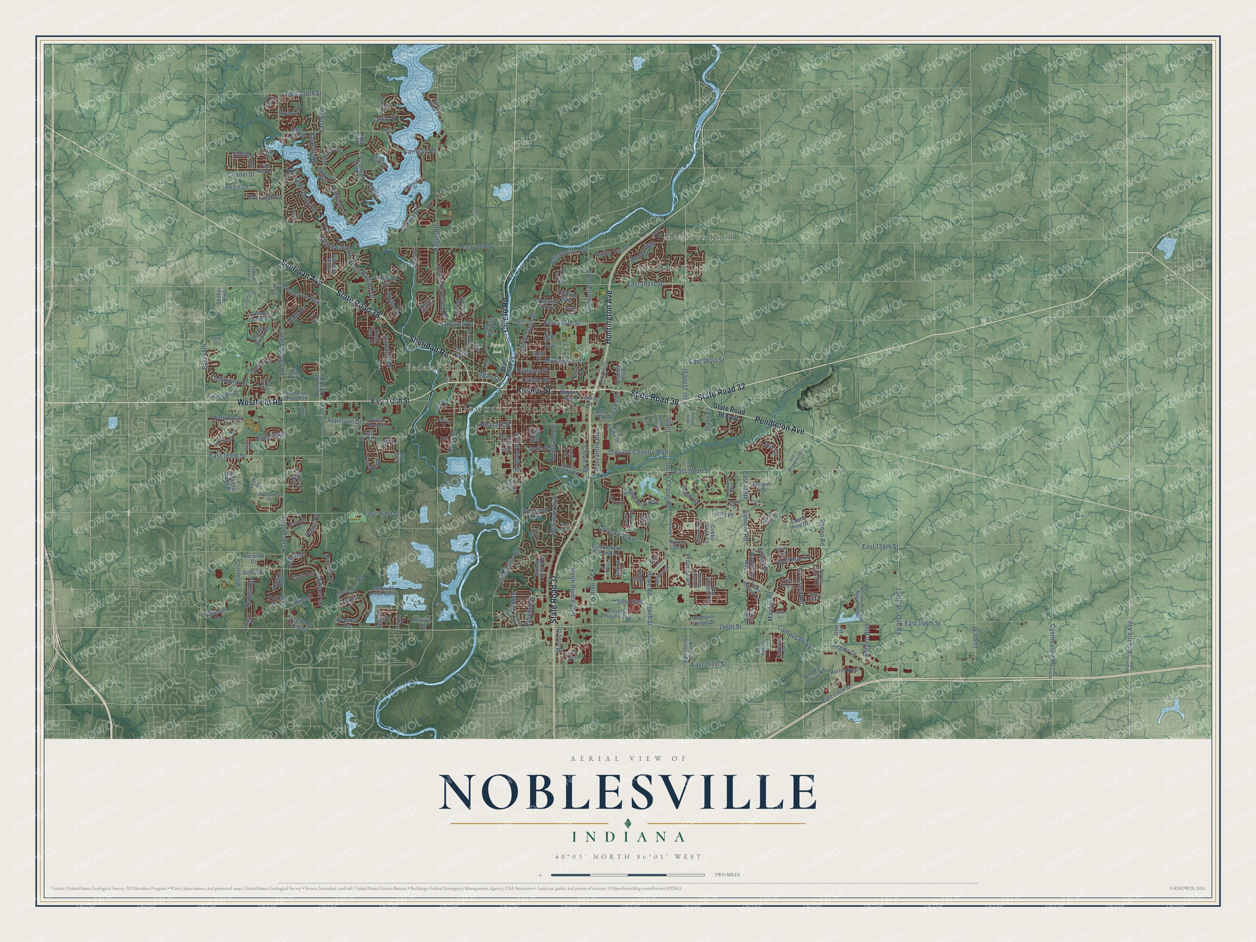Full map of Noblesville, Indiana, with red buildings, printed street names and the land around them