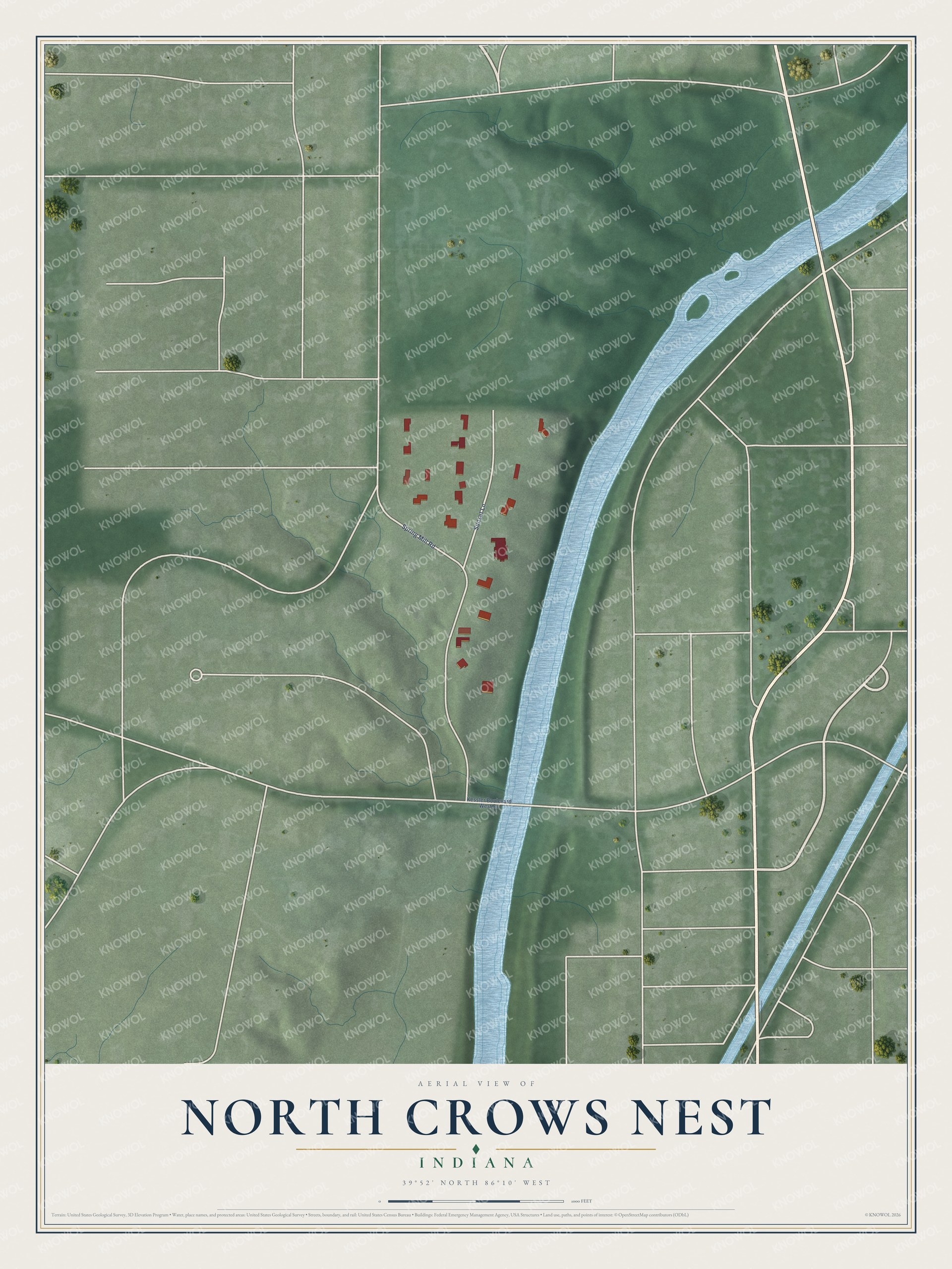 Full map of North Crows Nest, Indiana, with red buildings, printed street names and the land around them