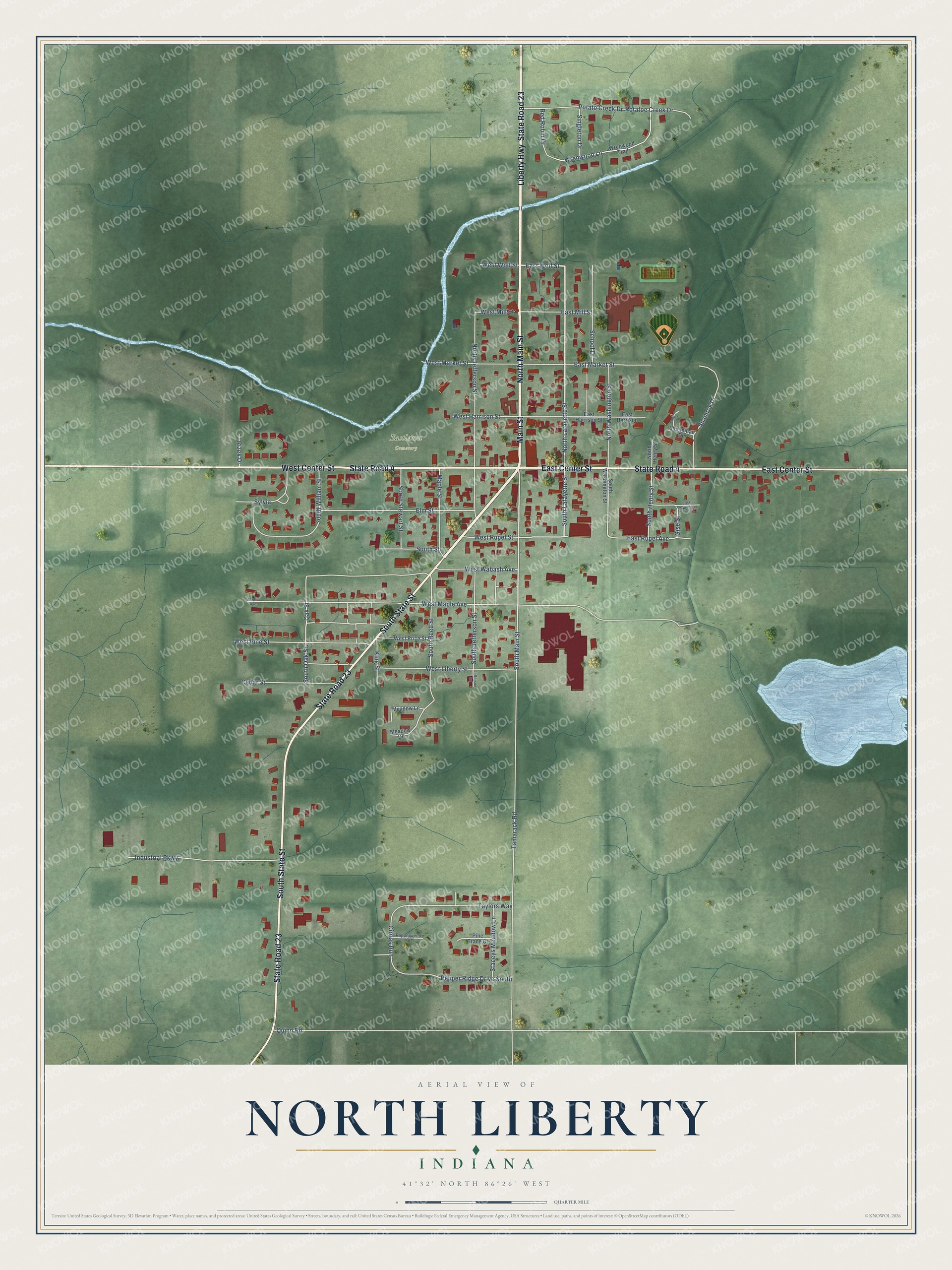 Full map of North Liberty, Indiana, with red buildings, printed street names and the land around them