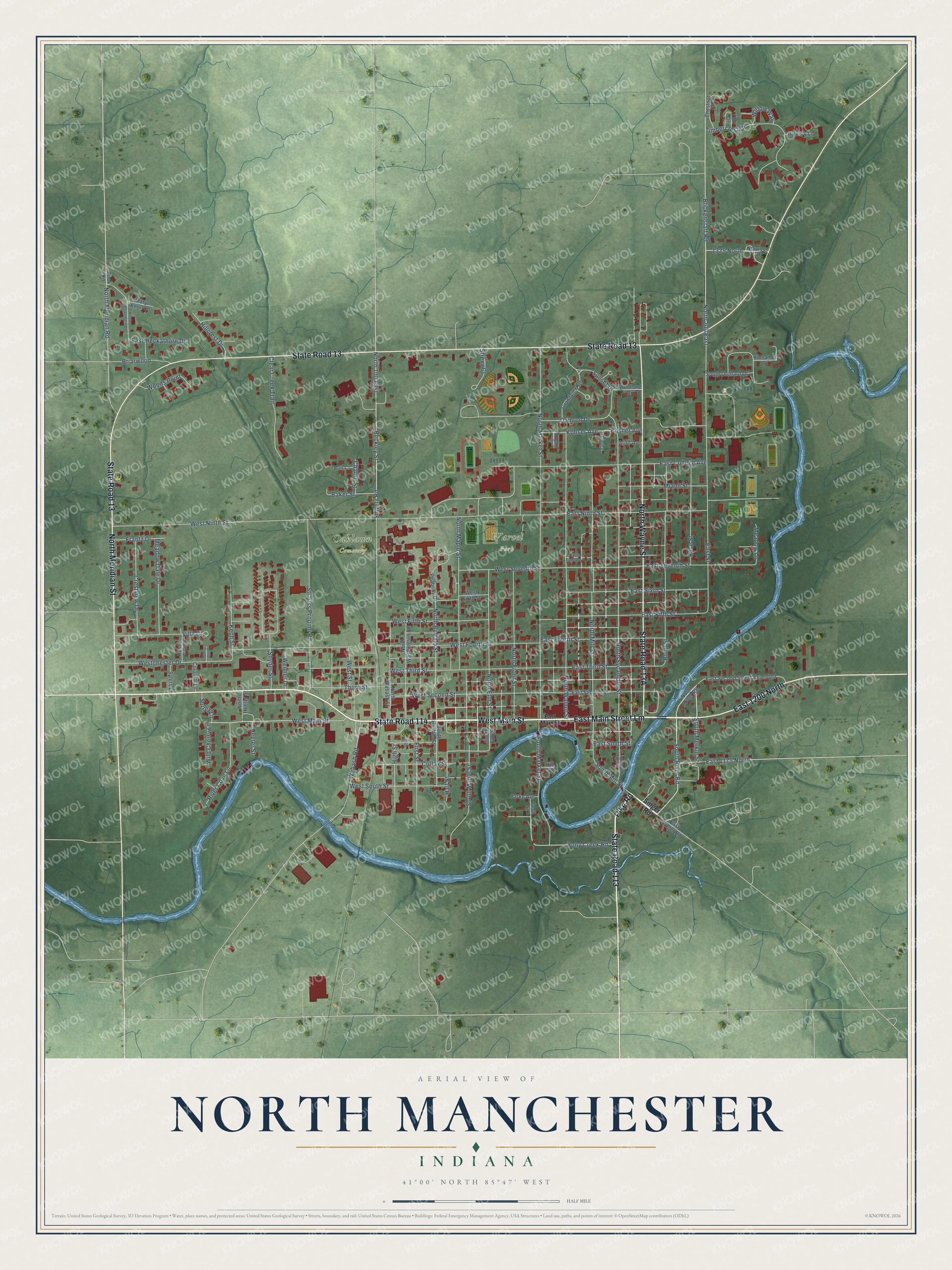 Full map of North Manchester, Indiana, with red buildings, printed street names and the land around them