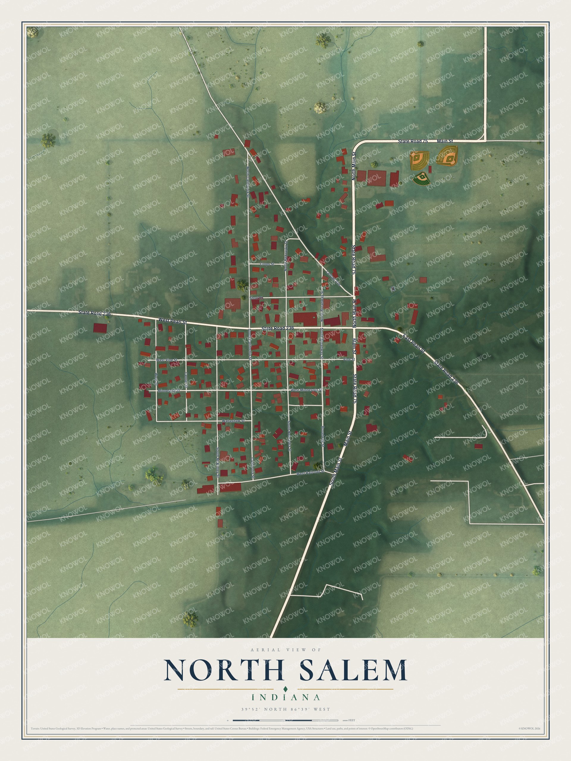 Full map of North Salem, Indiana, with red buildings, printed street names and the land around them