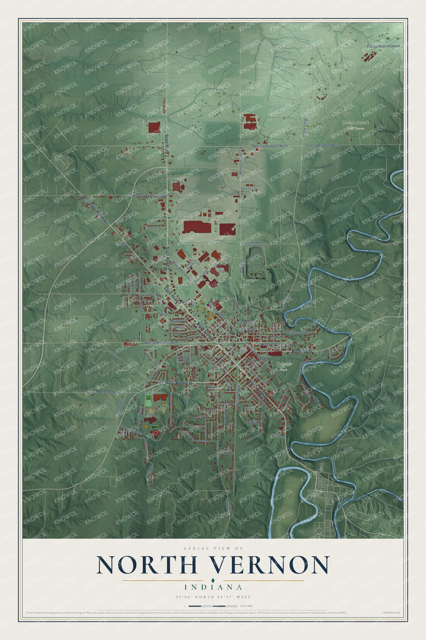 Full map of North Vernon, Indiana, with red buildings, printed street names and the land around them