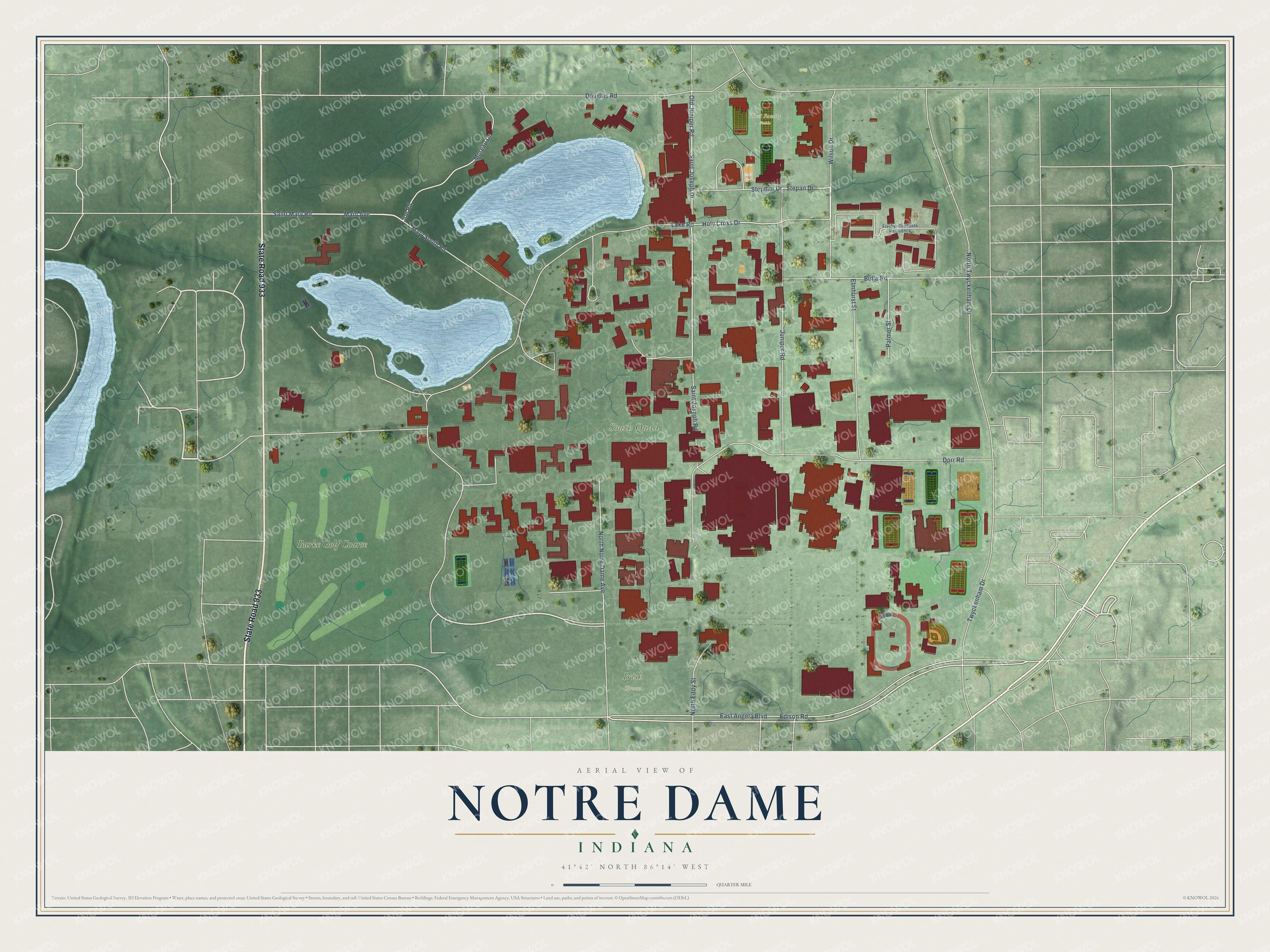 Full map of Notre Dame, Indiana, with red buildings, printed street names and the land around them