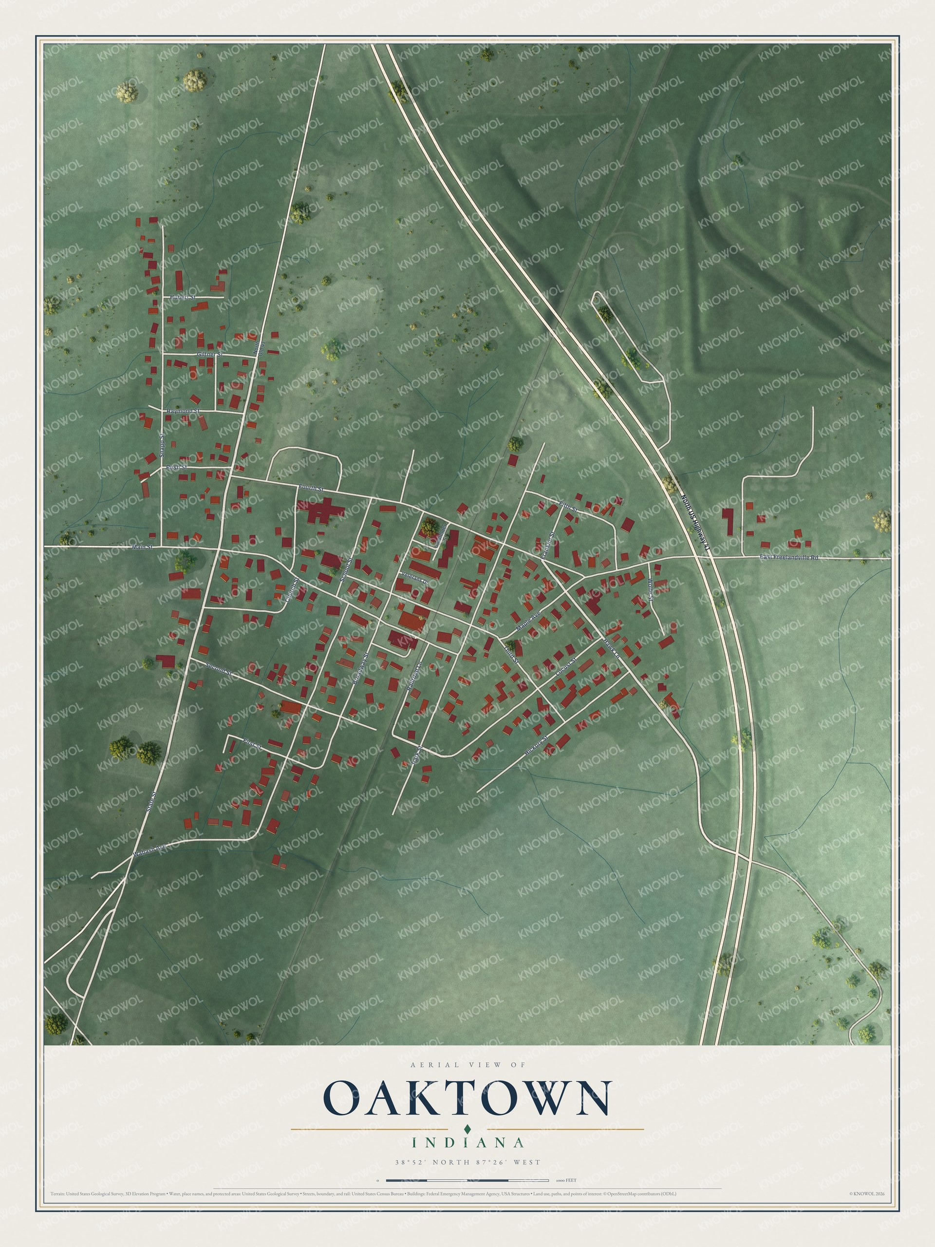 Full map of Oaktown, Indiana, with red buildings, printed street names and the land around them