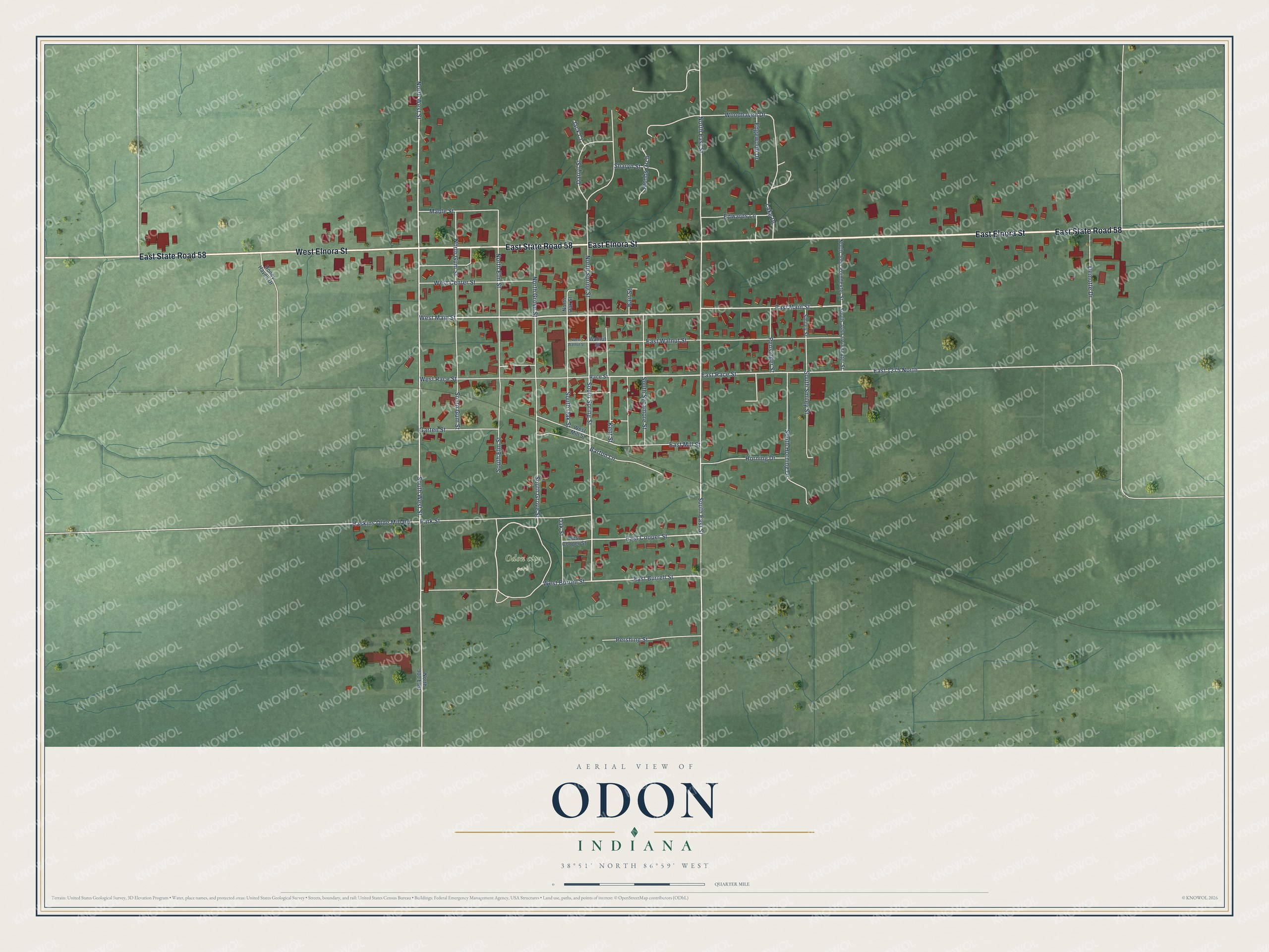 Full map of Odon, Indiana, with red buildings, printed street names and the land around them