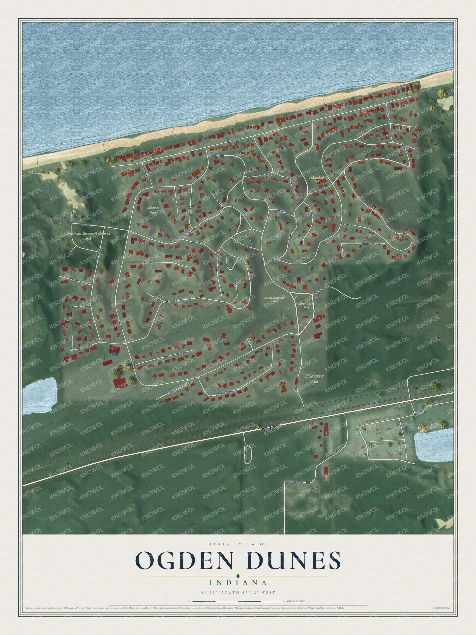 Full map of Ogden Dunes, Indiana, with red buildings, printed street names and the land around them