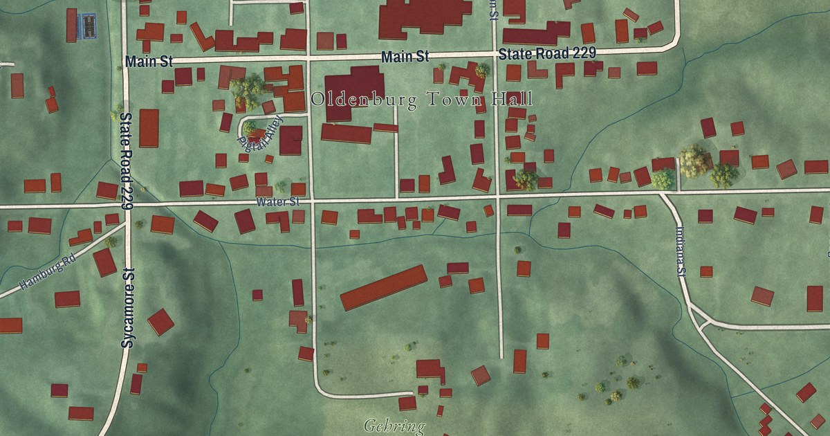 Map of Oldenburg, Indiana in 2026