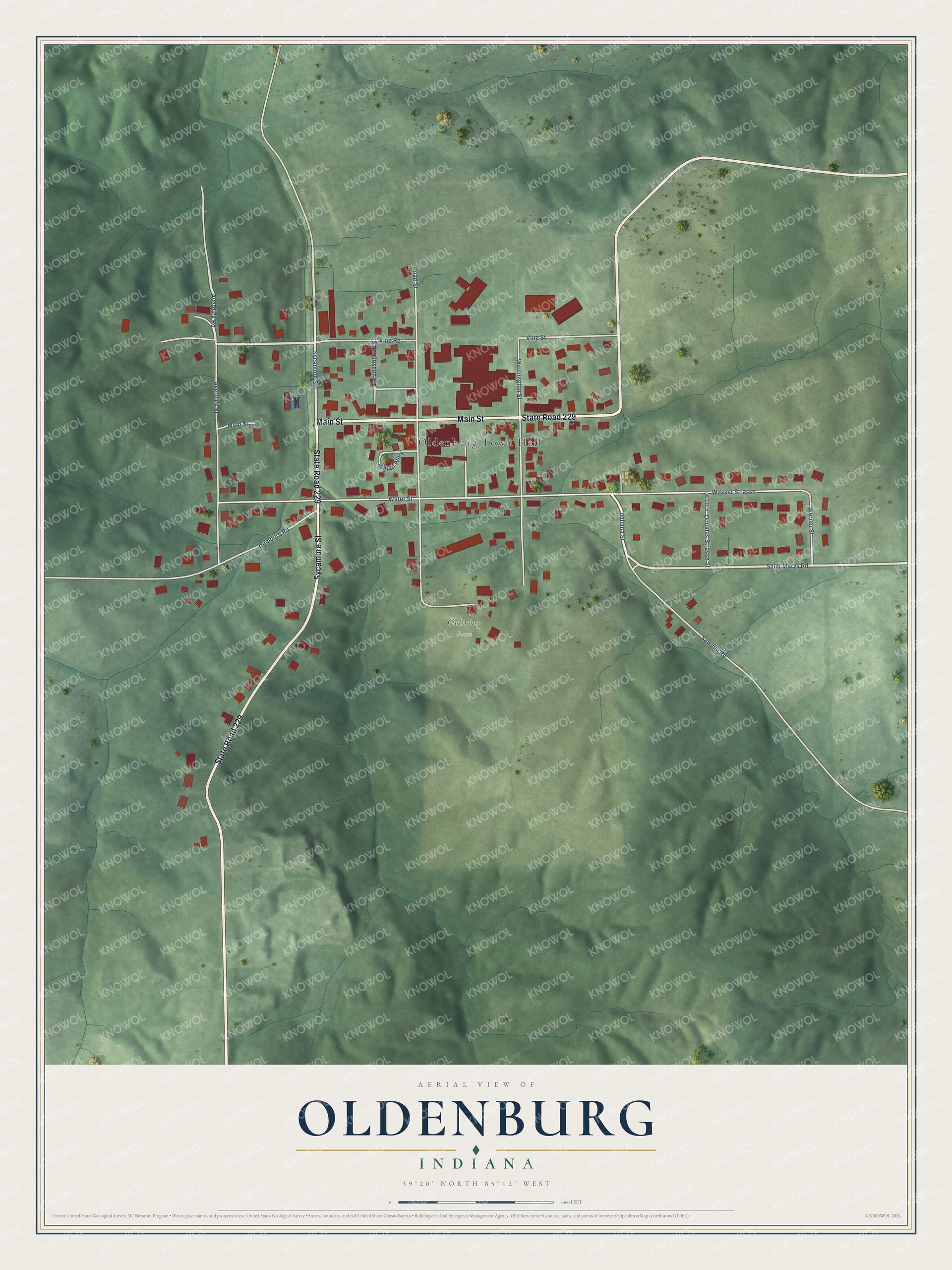 Full map of Oldenburg, Indiana, with red buildings, printed street names and the land around them