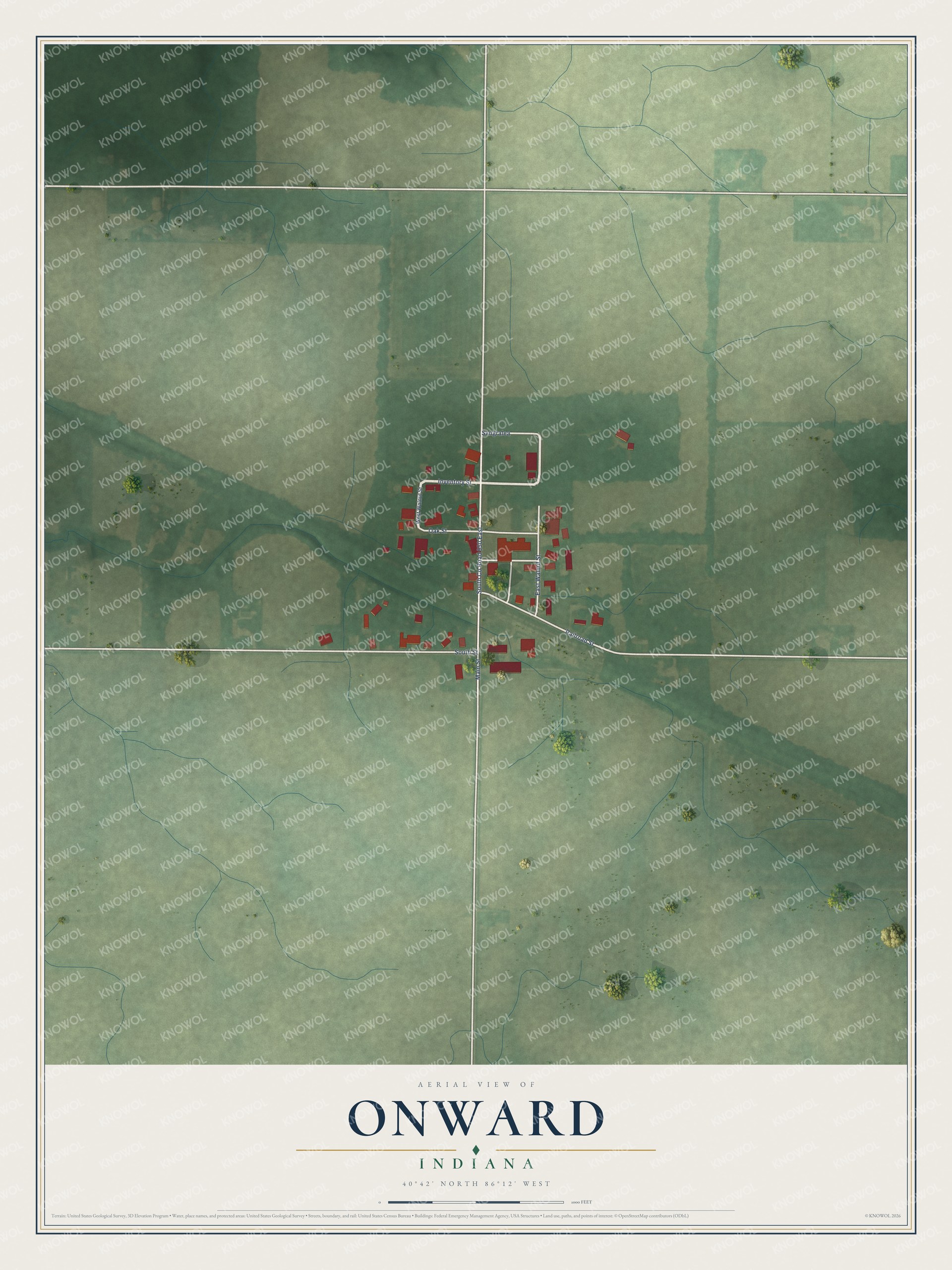 Full map of Onward, Indiana, with red buildings, printed street names and the land around them